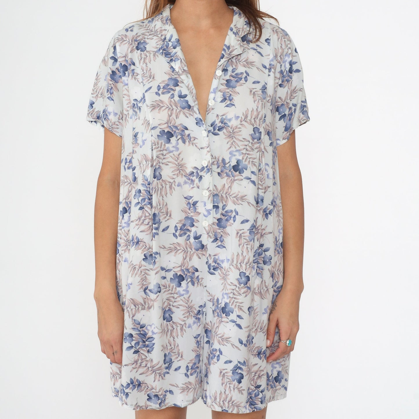 00s French Laundry Maternity Romper White Blue Floral Button Up Medium