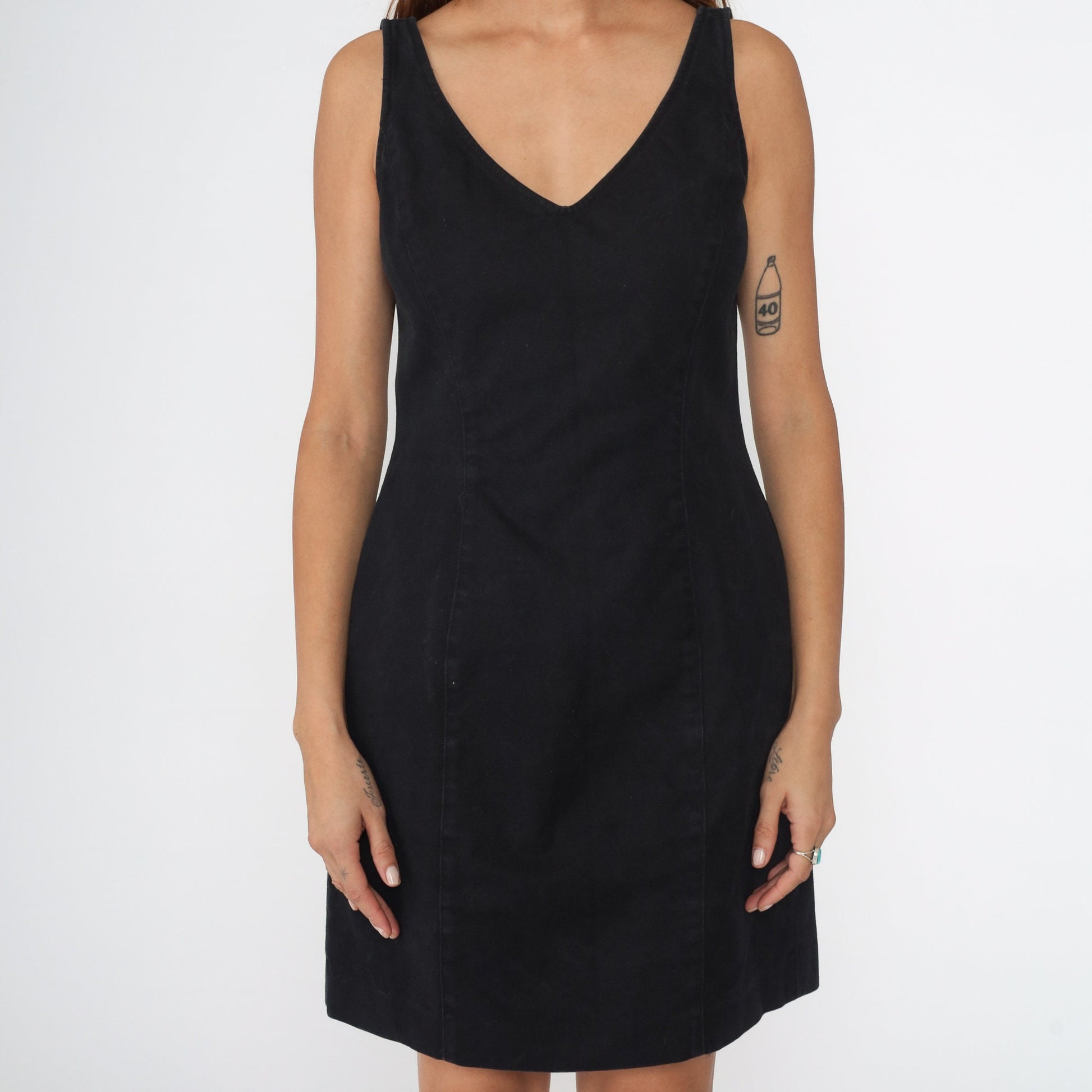 00s Nine West Black Mini Sheath Dress V-Neck Sleeveless Cotton Medium 8