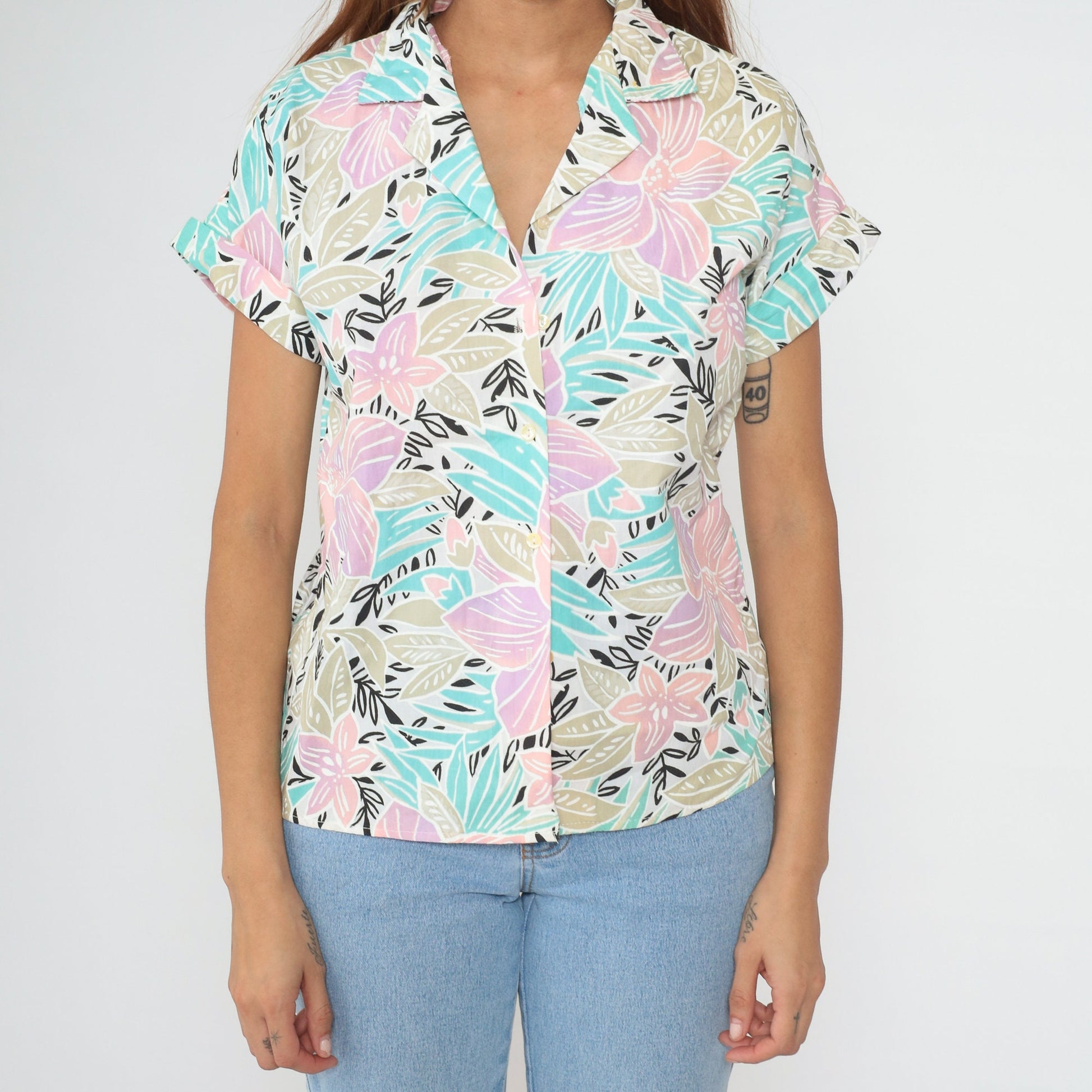 80s Giovelli Tropical Floral Button-Up Blouse Pastel Turquoise Pink Cap Sleeve Small