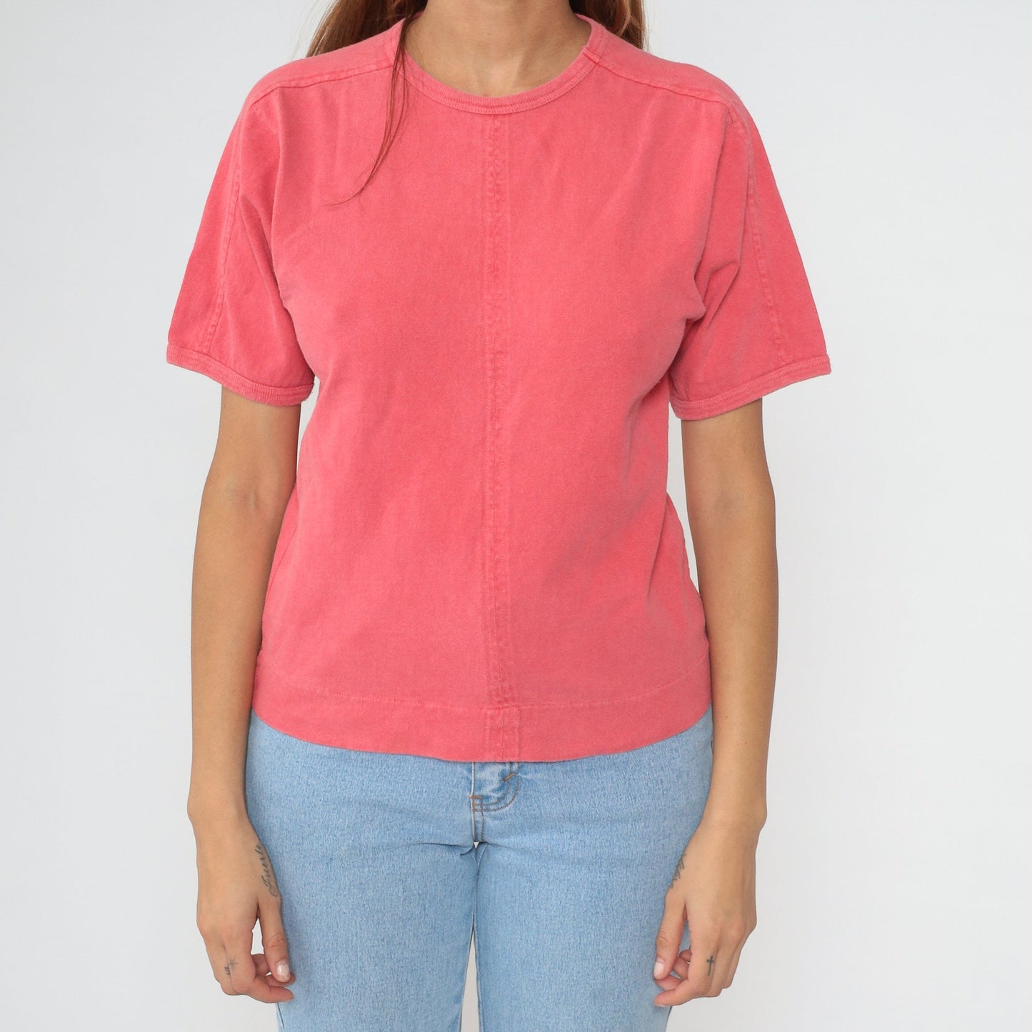 90s Coral Pink Crewneck T-Shirt Plain Tee Small S