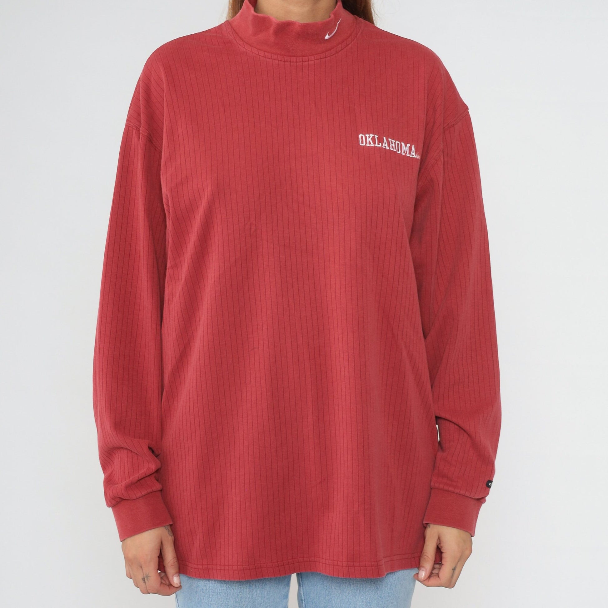 Y2K Nike Oklahoma Mock Neck Long Sleeve Tee Red Swoosh Large