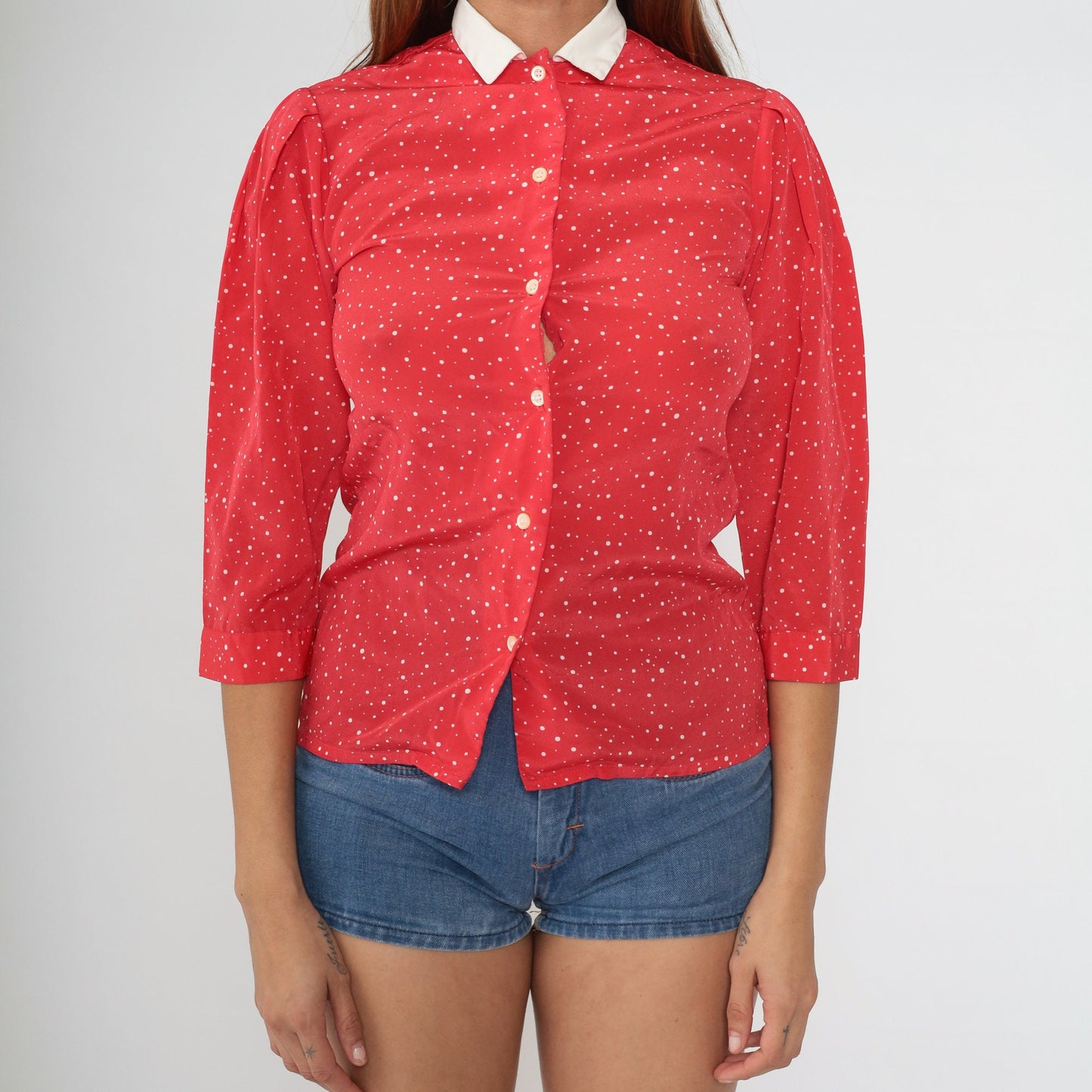 80s Red Polka Dot Puff Sleeve Blouse White Collar Button Up Extra Small