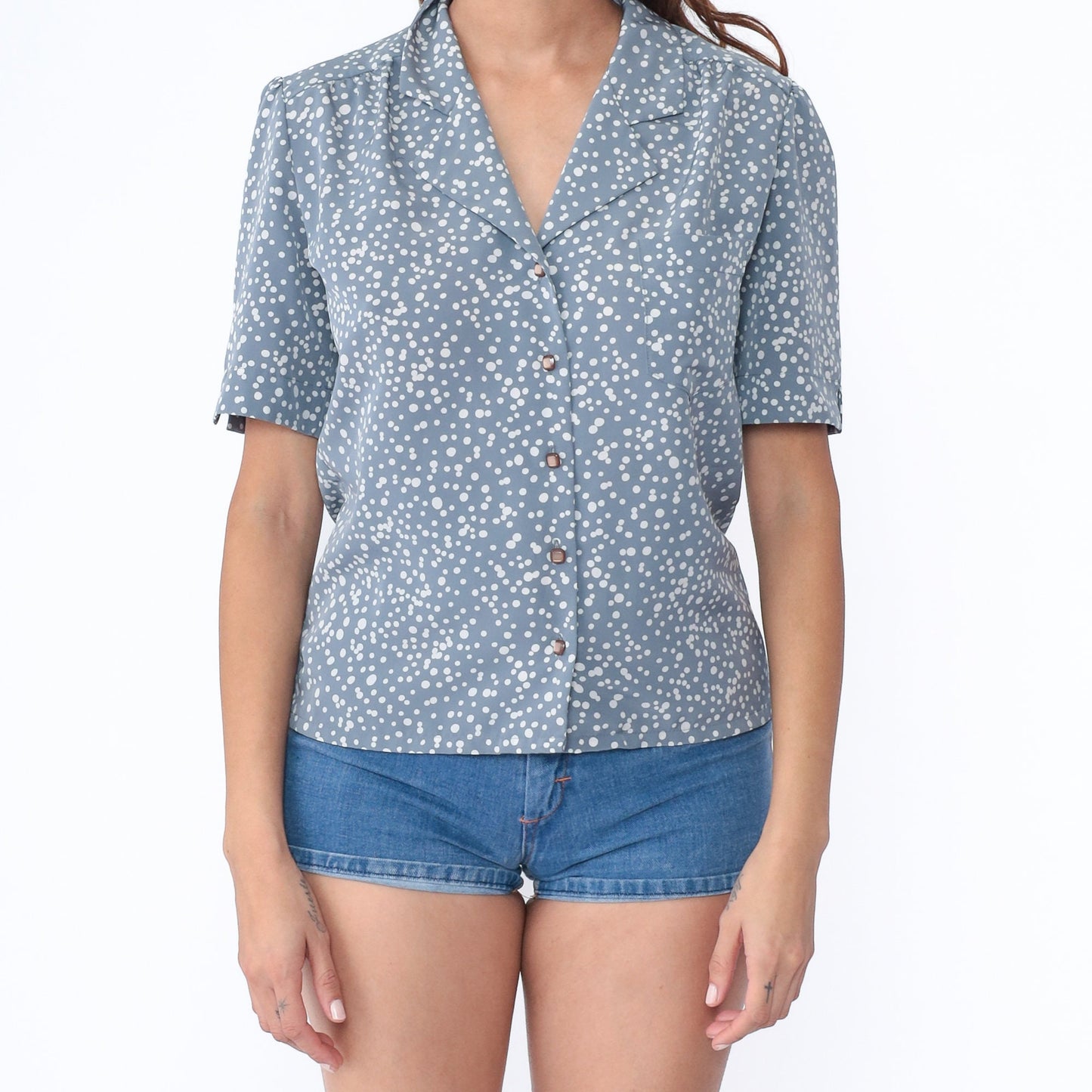 80s Country Sophisticates by Pendleton Blue Polka Dot Button-Up Blouse Medium