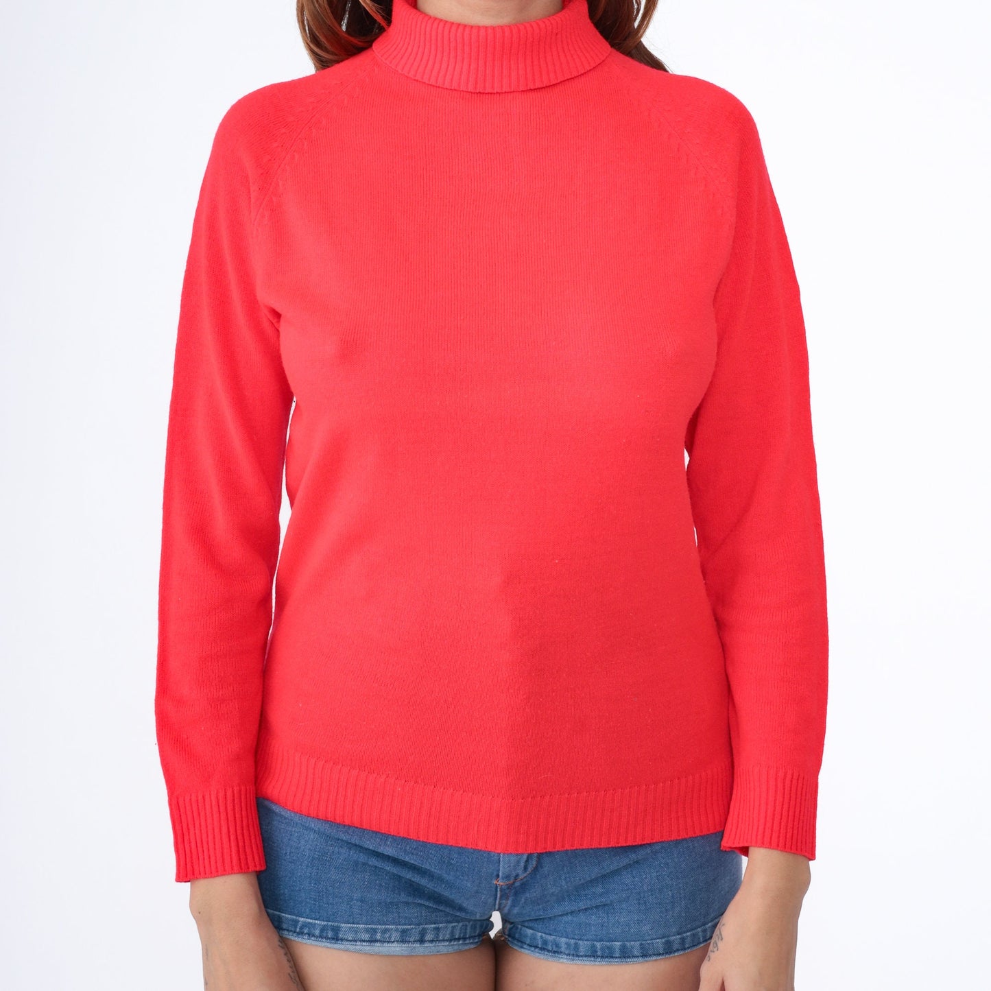 70s Full Fashions Red Turtleneck Raglan Sweater Rear Zipper Small