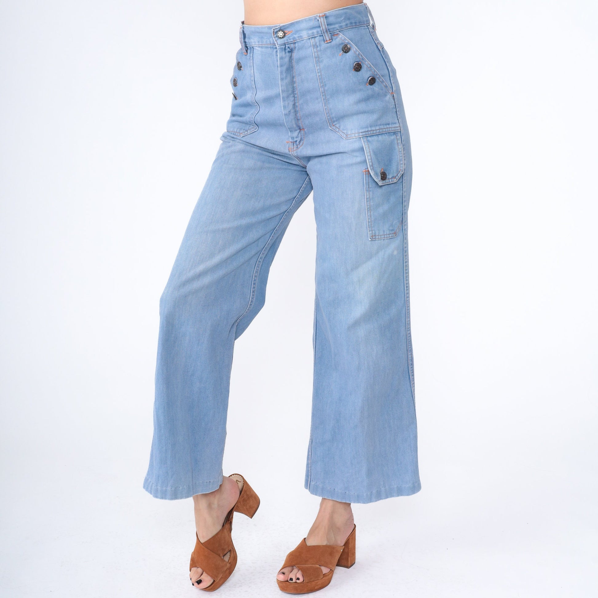 70s Blue Denim Bell Bottom Jeans High Waist Wide Leg Flare Medium 8