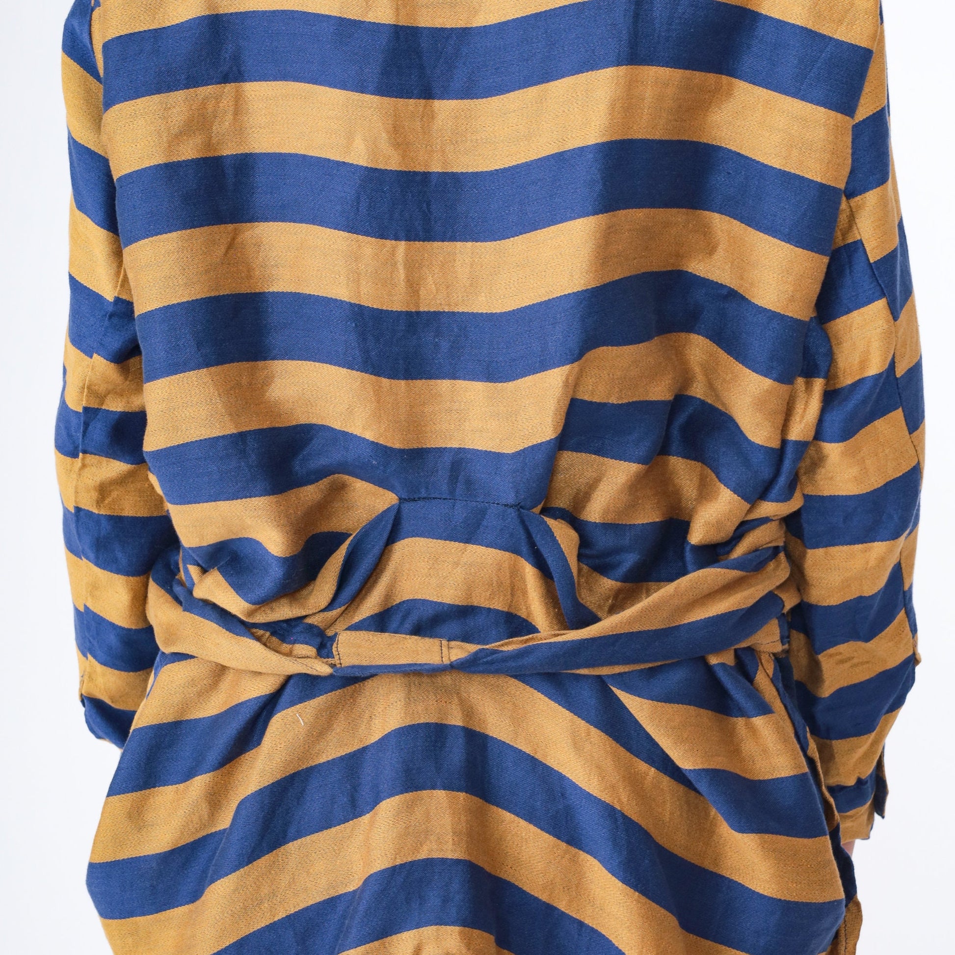 80s Striped Linen Cotton Blouse Blue Mustard Button Up Long Sleeve Large