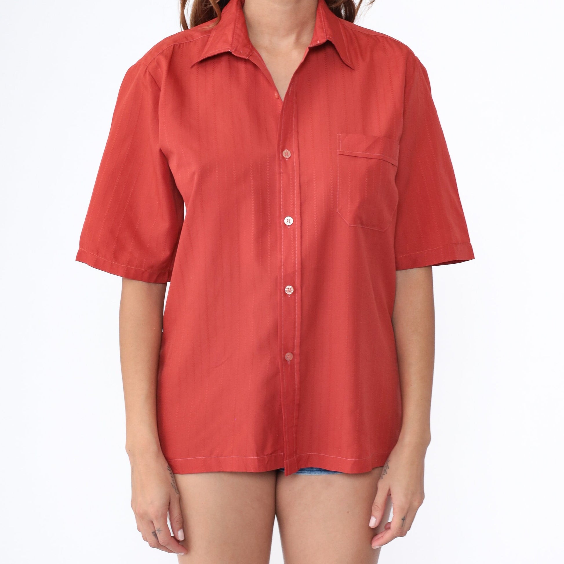 70s Rust Red Button-Up Shirt Pointed Collar Chest Pocket Men's Medium