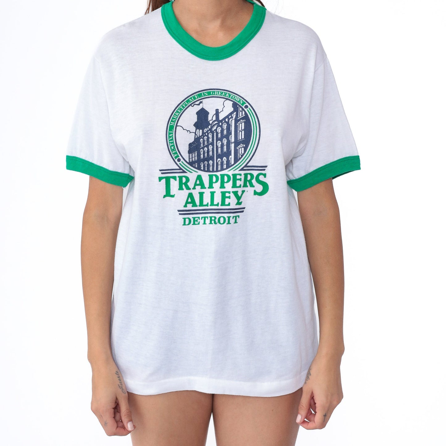 80s Trapper's Alley Detroit Ringer Tee Shirt Green Trim Graphic Medium Large