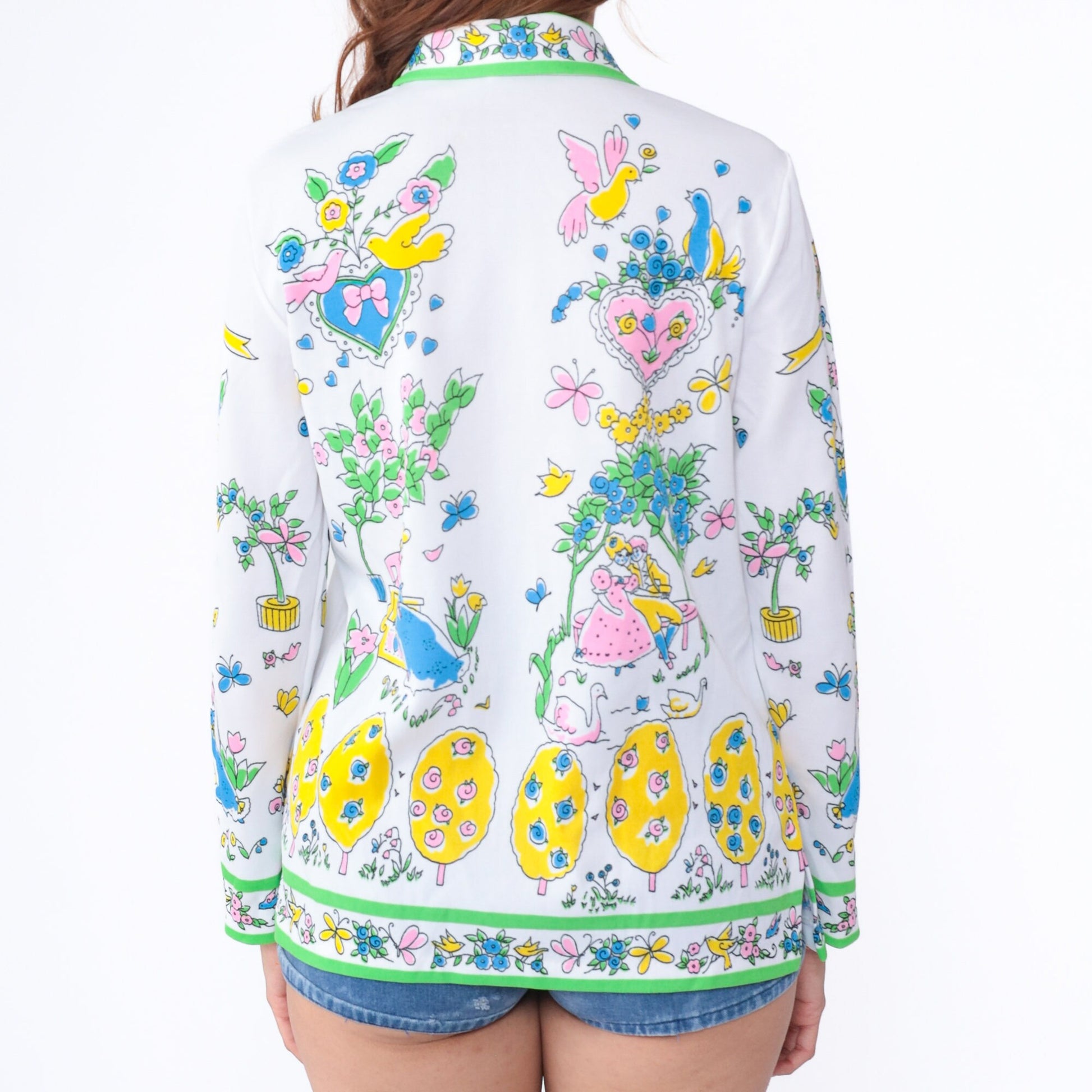 70s Romantic Print Button Up Blouse White Long Sleeve Couples Hearts Birds Medium Large