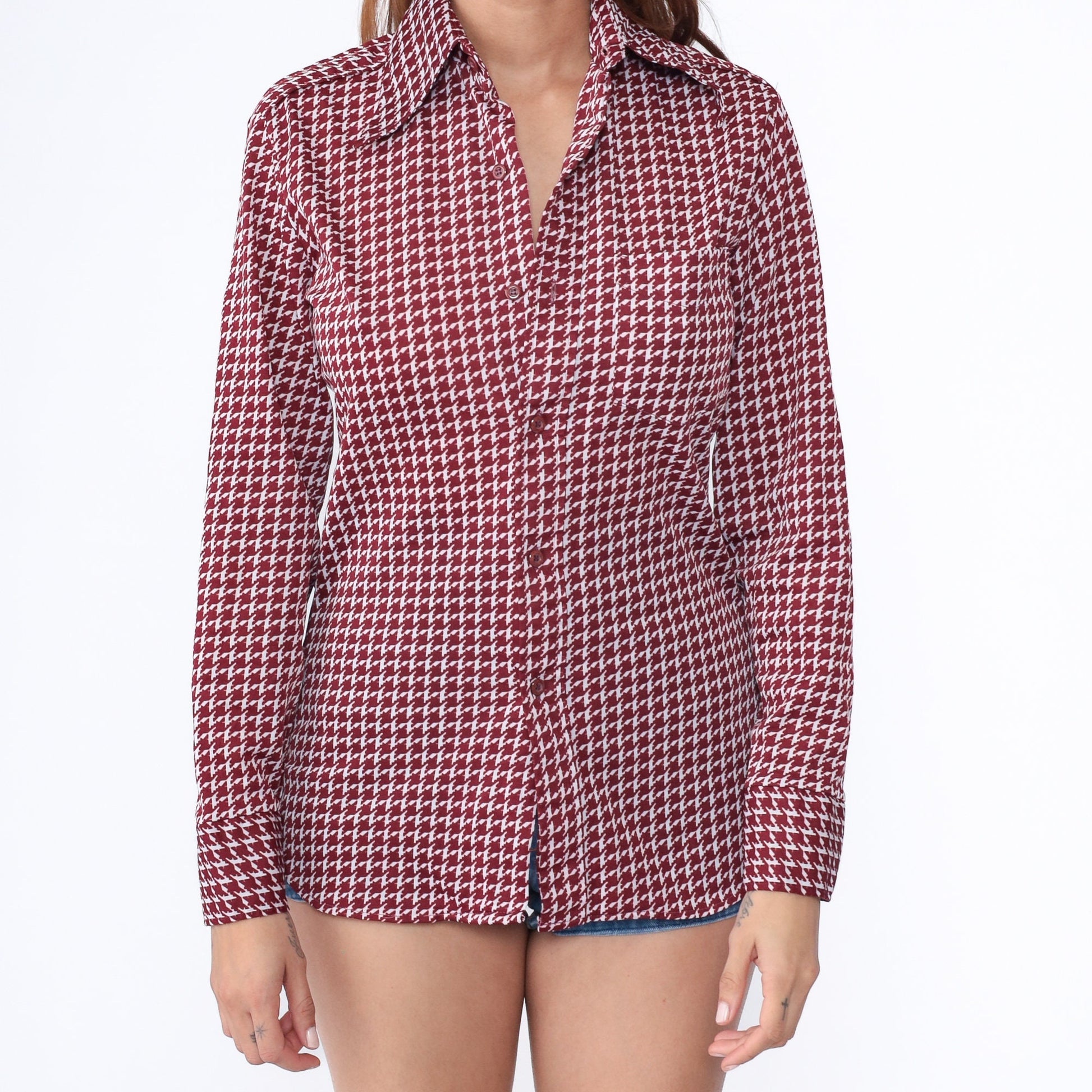 70s Spire Houndstooth Dagger Collar Oxford Shirt Maroon White Small