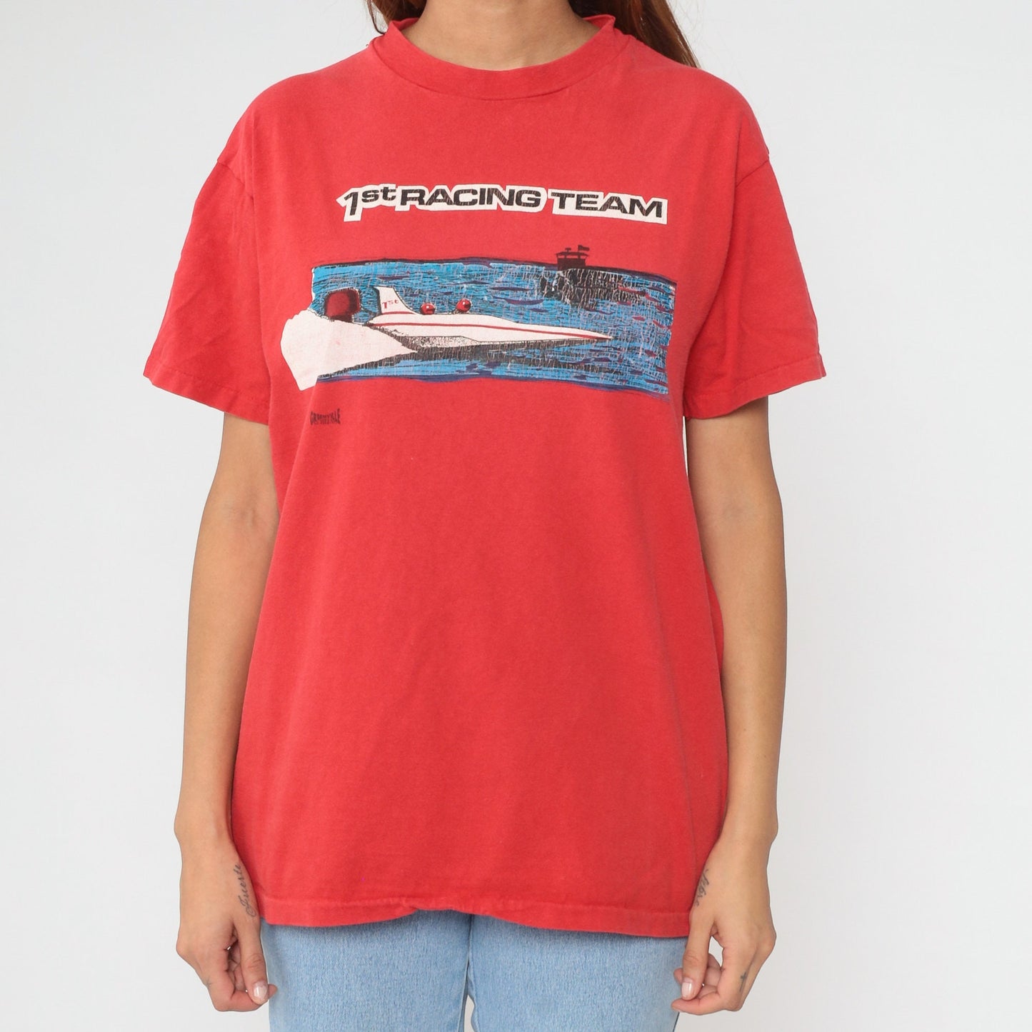 90s 1st Racing Team Speedboat Graphic T-Shirt Red Single Stitch Cotton Medium
