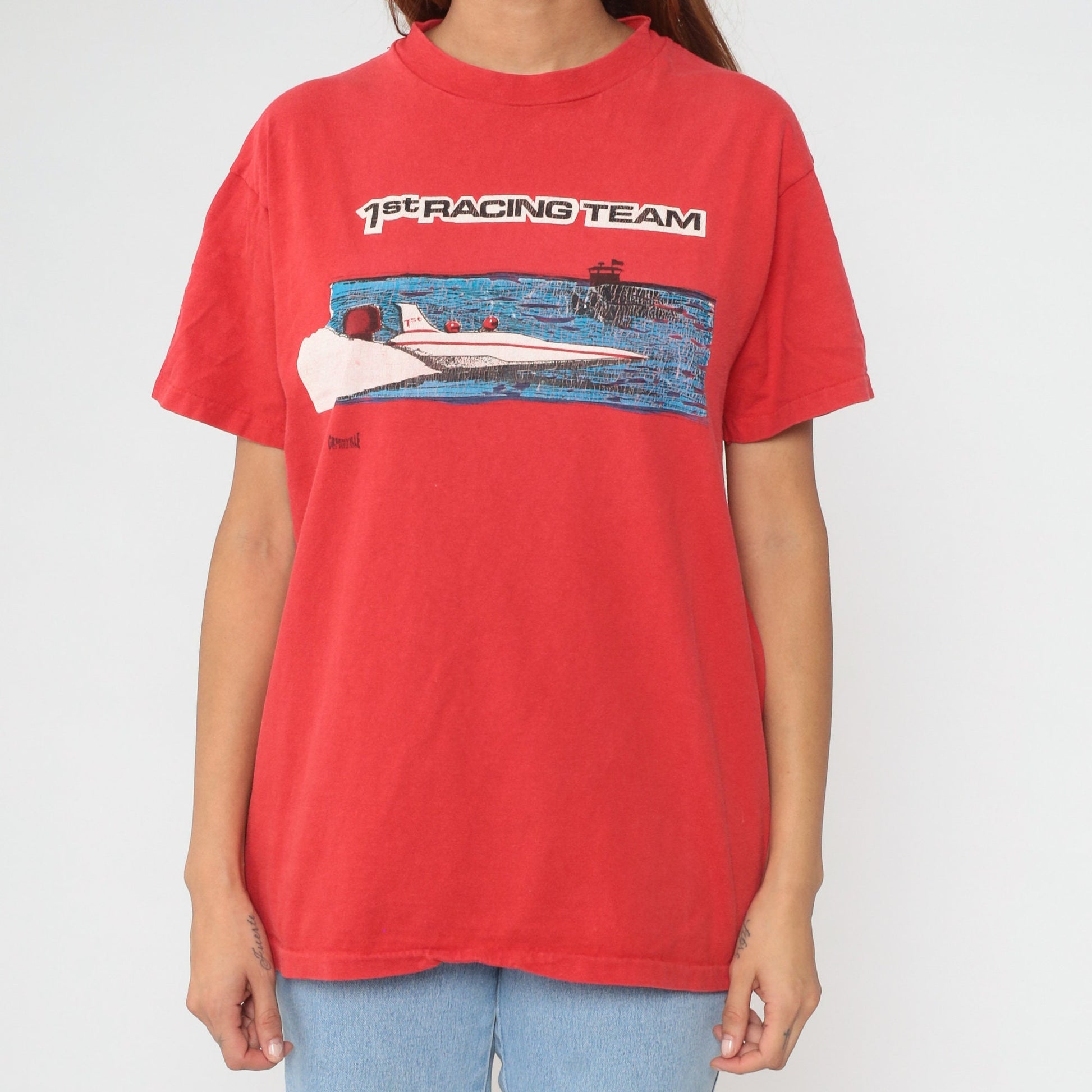 90s 1st Racing Team Speedboat Graphic T-Shirt Red Single Stitch Cotton Medium