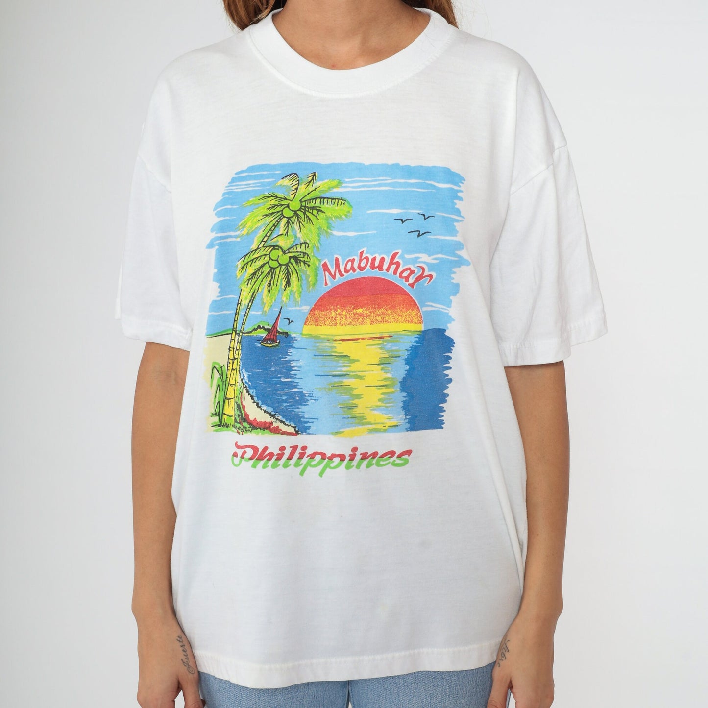 Y2K Philippines Mabuhay Graphic T-Shirt Tropical Beach Palm Tree Sailboat Large