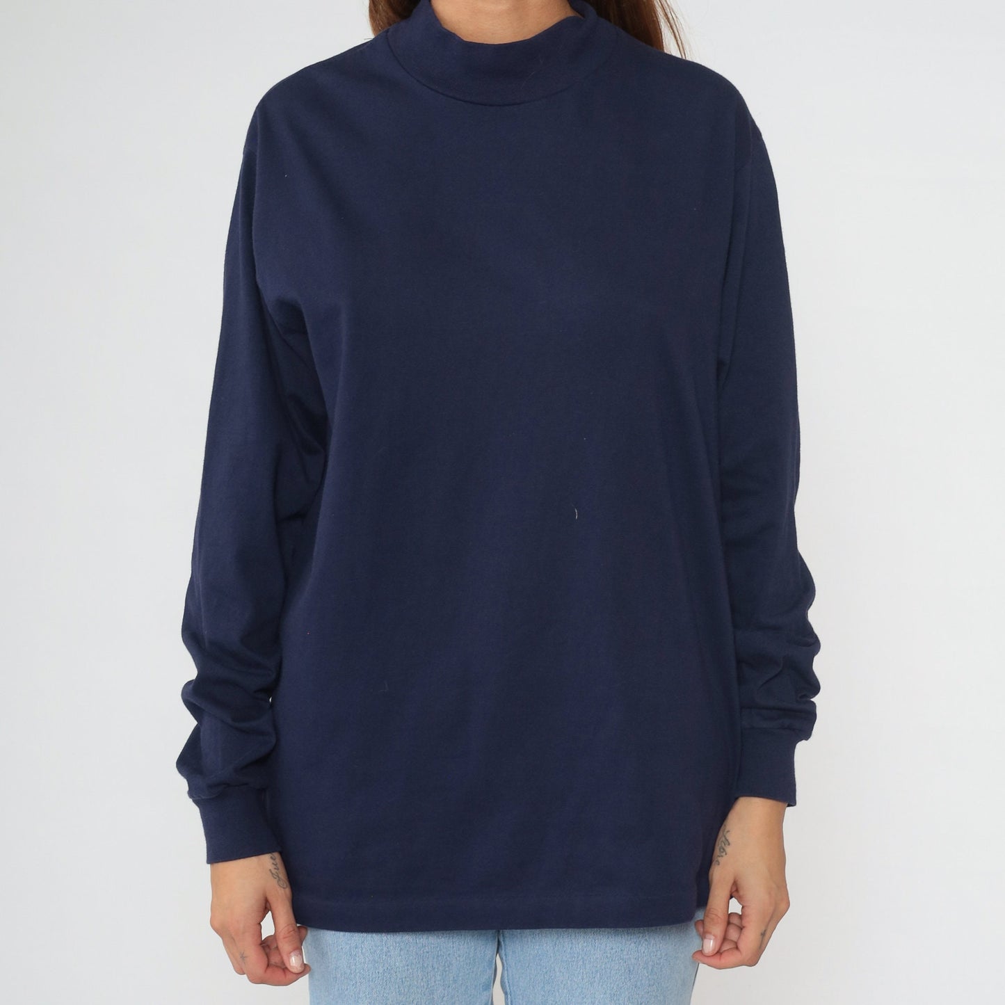 90s Navy Mock Neck Long Sleeve Cotton Tee Large L