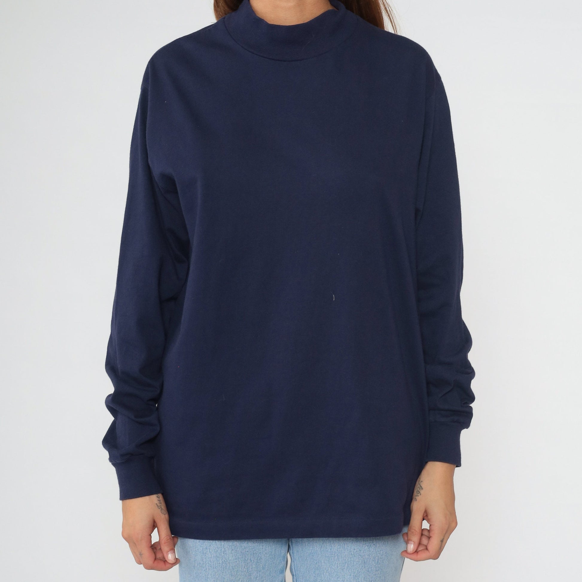 90s Navy Mock Neck Long Sleeve Cotton Tee Large L