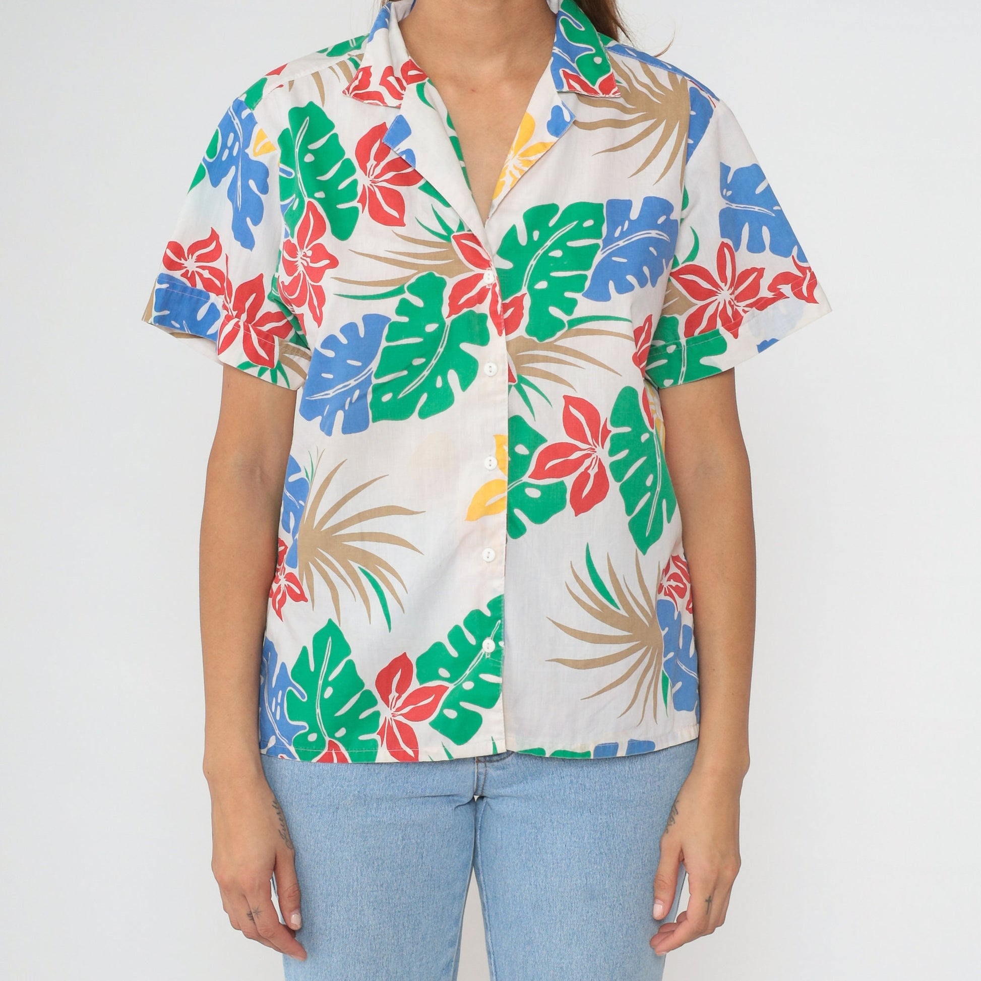 80s Tropical Floral Cotton Button-Up Blouse White Leaf Print Short Sleeve Medium