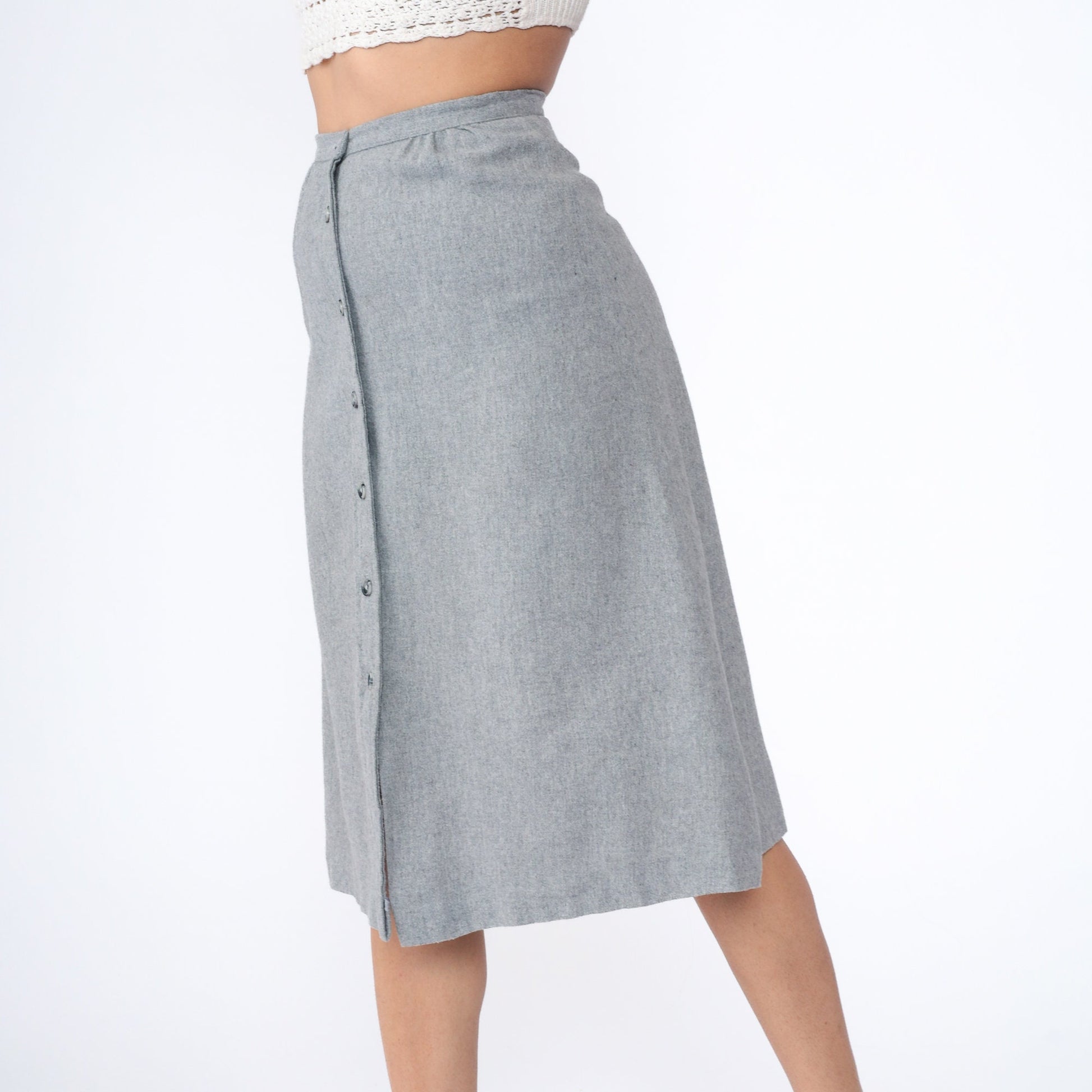 70s Bobbie Brooks Grey Midi Skirt Button Front High Waist Extra Small