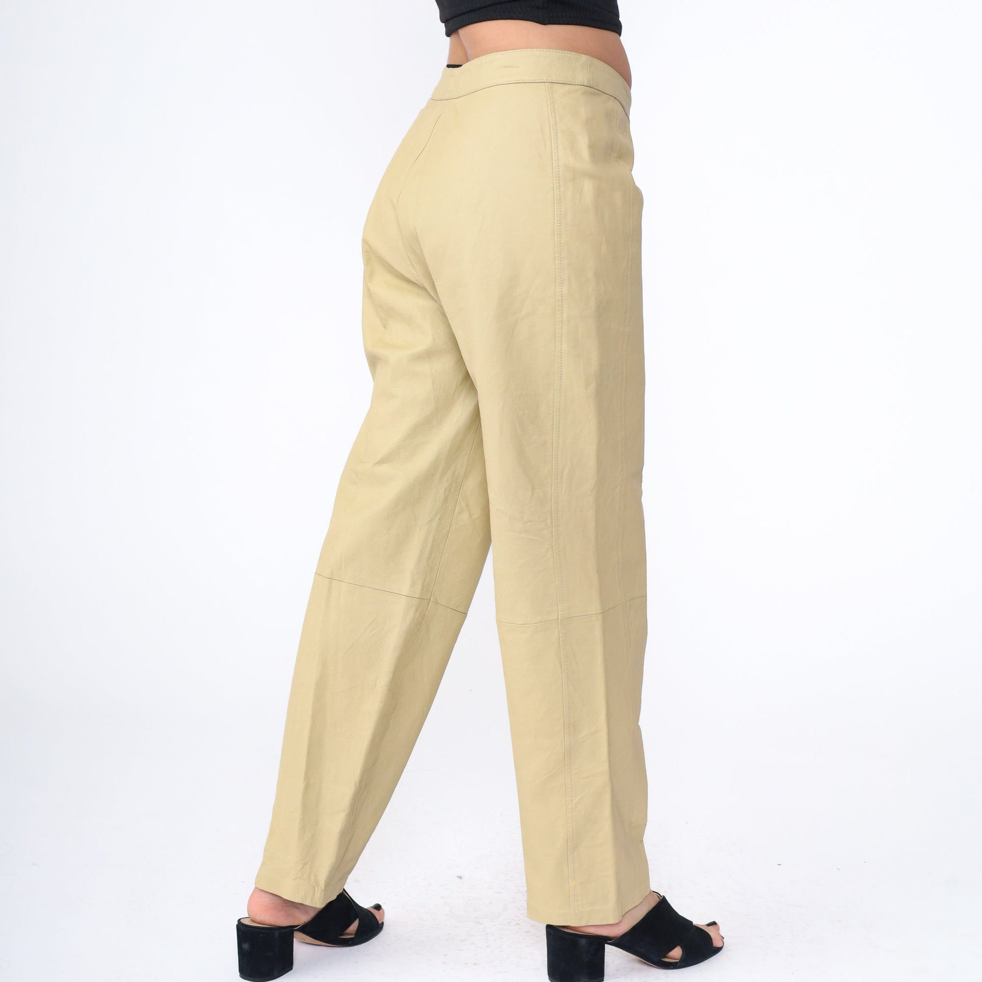 80s Bagatelle Leather Pants High Waist Straight Leg Beige Large
