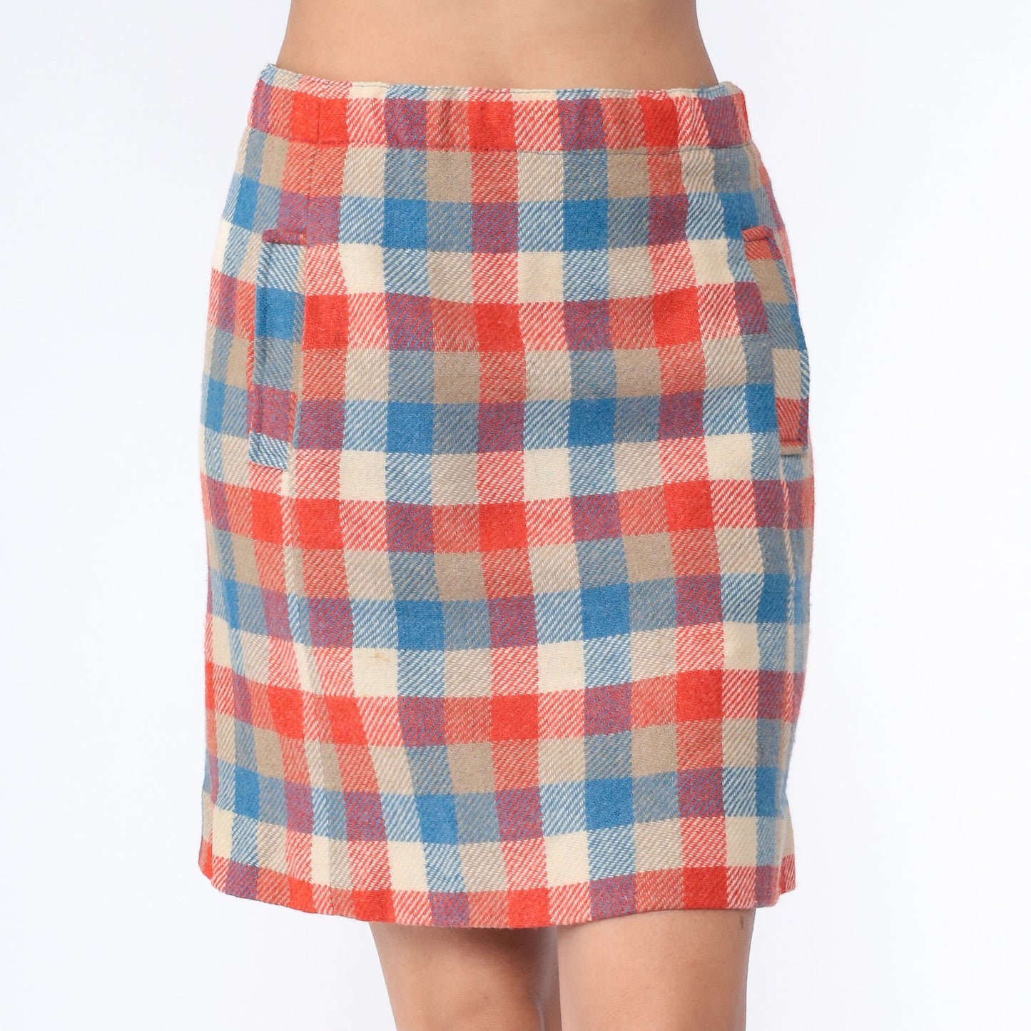 70s Bobbie Brooks Checkered Wool Mini Skirt High Waist Orange Blue Plaid Large