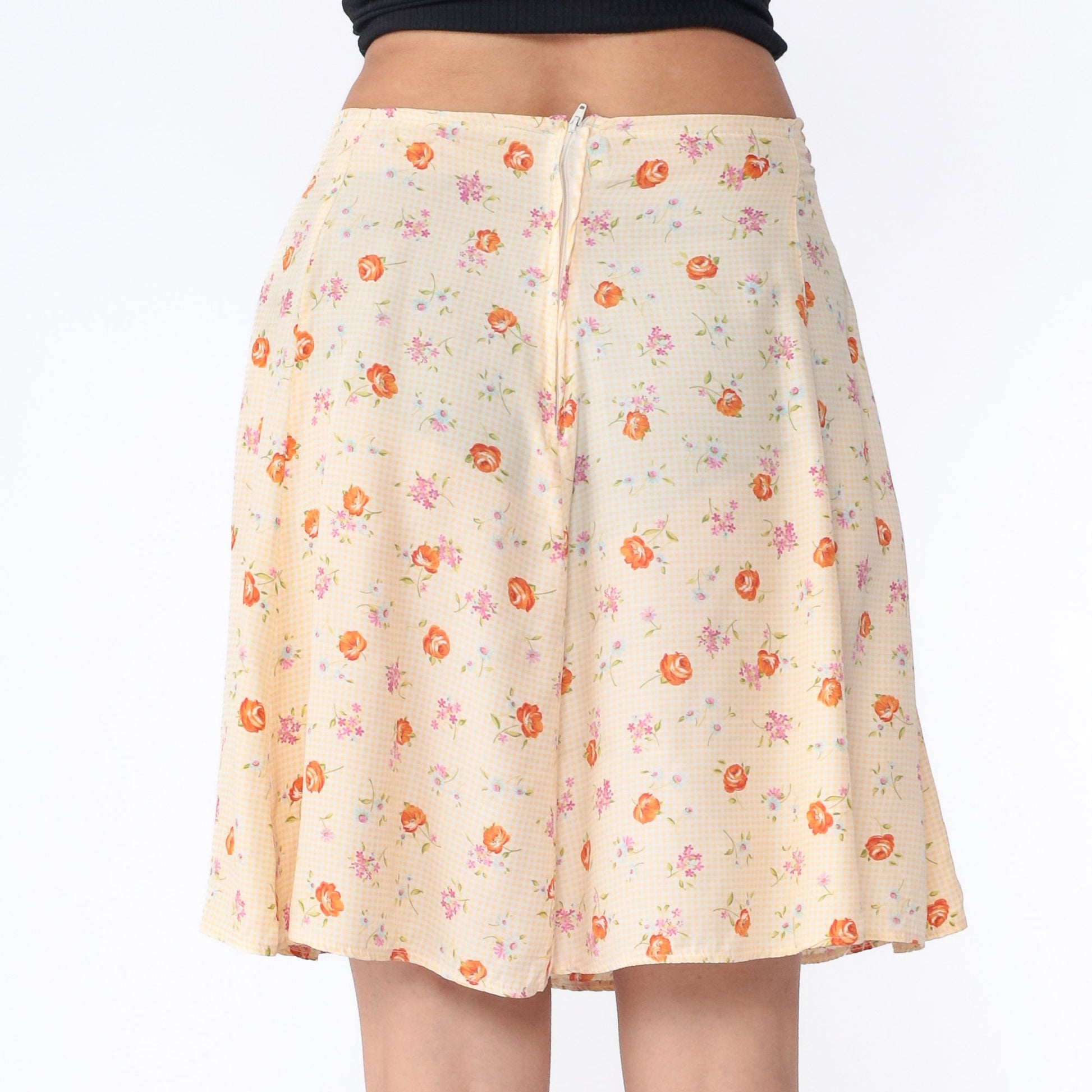 70s Yellow Gingham Floral Mini Skirt High Waist Zipper Medium