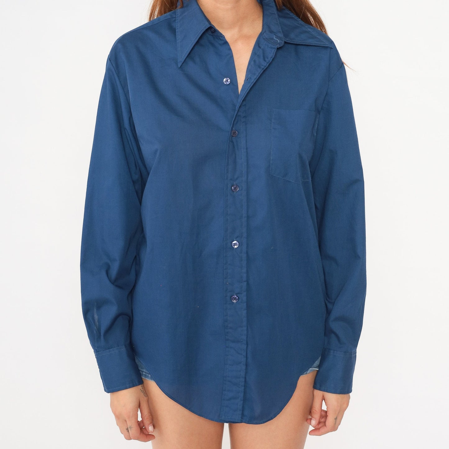 70s Navy Blue Cotton Button-Up Shirt Pointed Collar Long Sleeve Medium