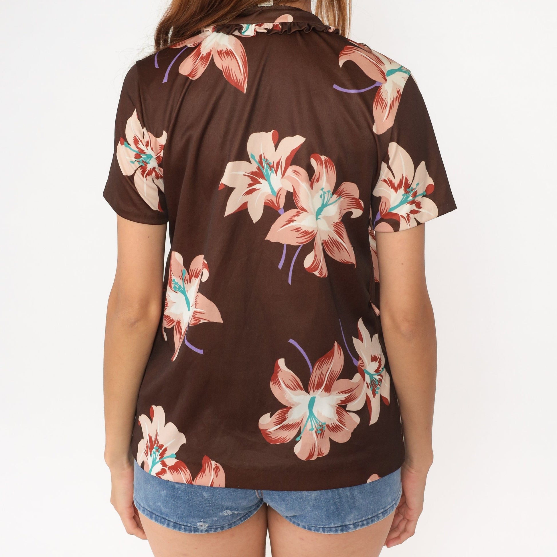 70s Brown Floral Blouse Keyhole Tie Neck Ruffled Collar Short Sleeve Medium