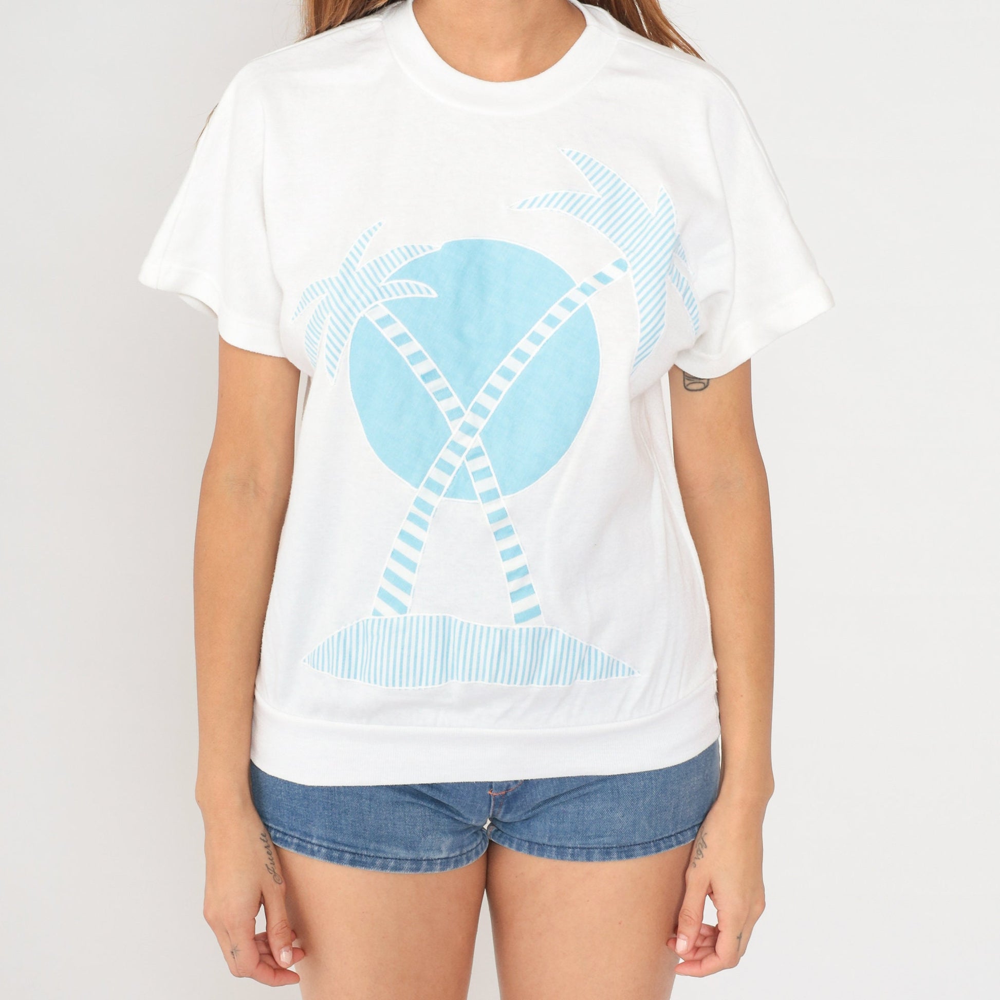 80s White Stag Palm Tree Graphic T-Shirt Blue Sun Banded Hem Medium