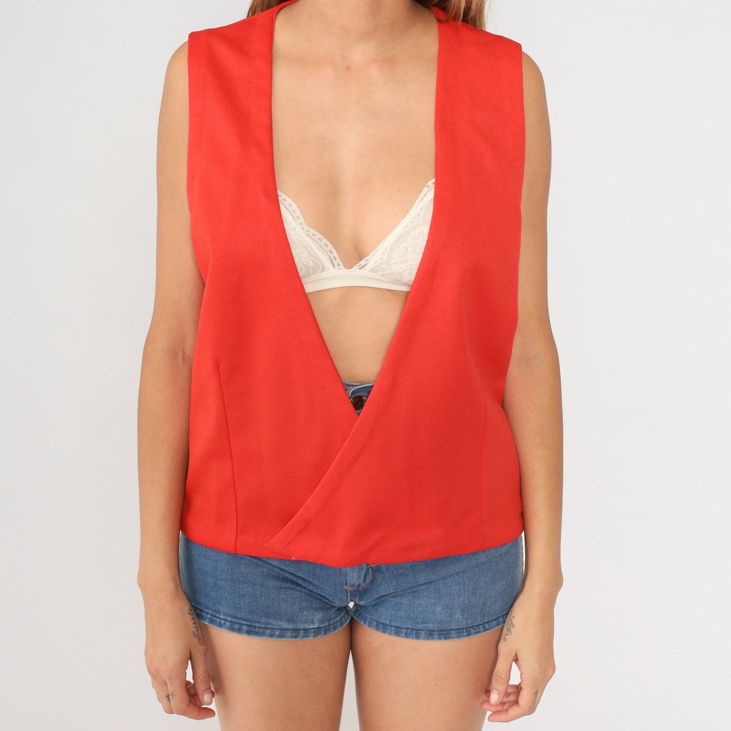 70s Red Wrap Vest Plunge Neckline Sleeveless Top Medium