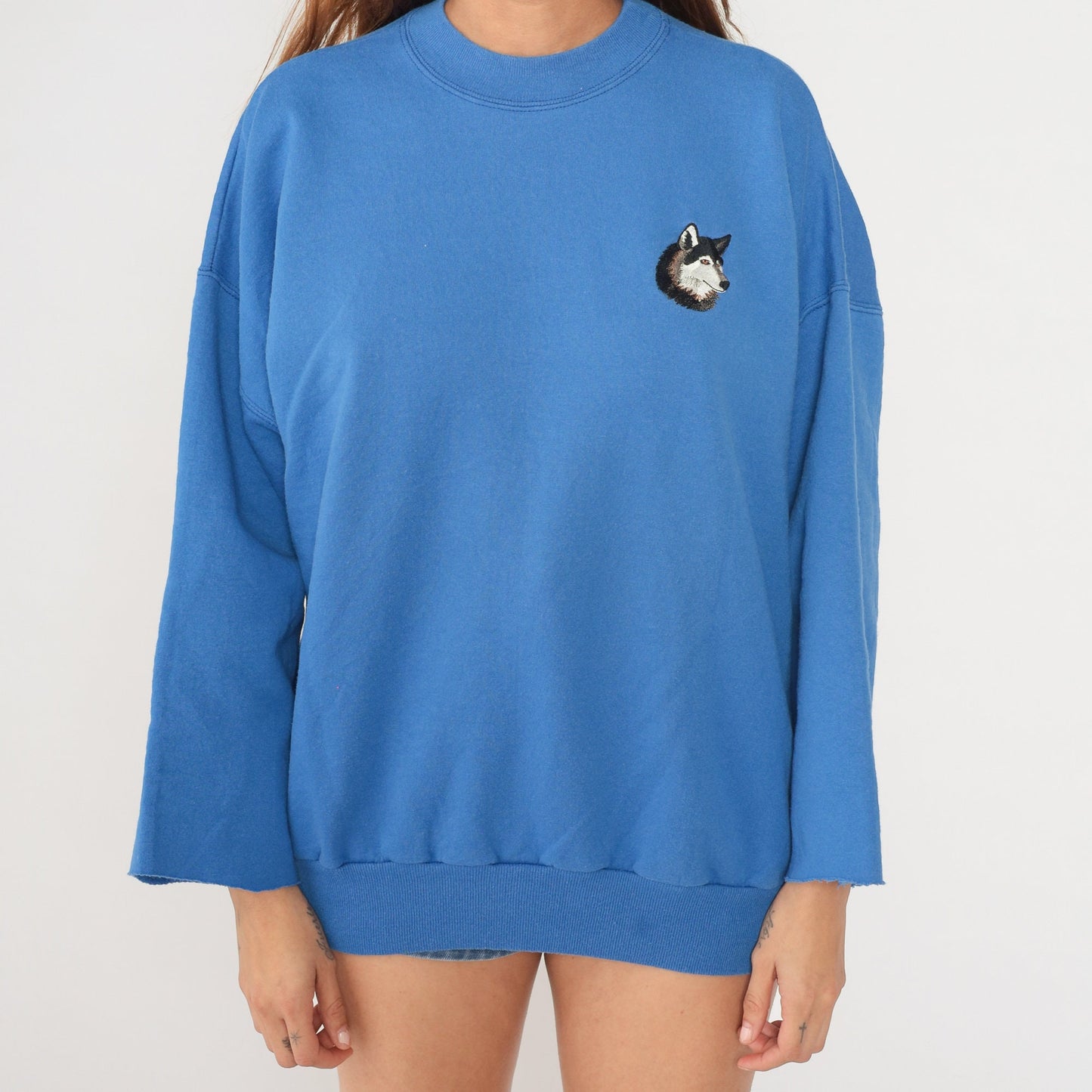 90s Blue Wolf Embroidered Sweatshirt Cutoff Crewneck Plus Size XXL