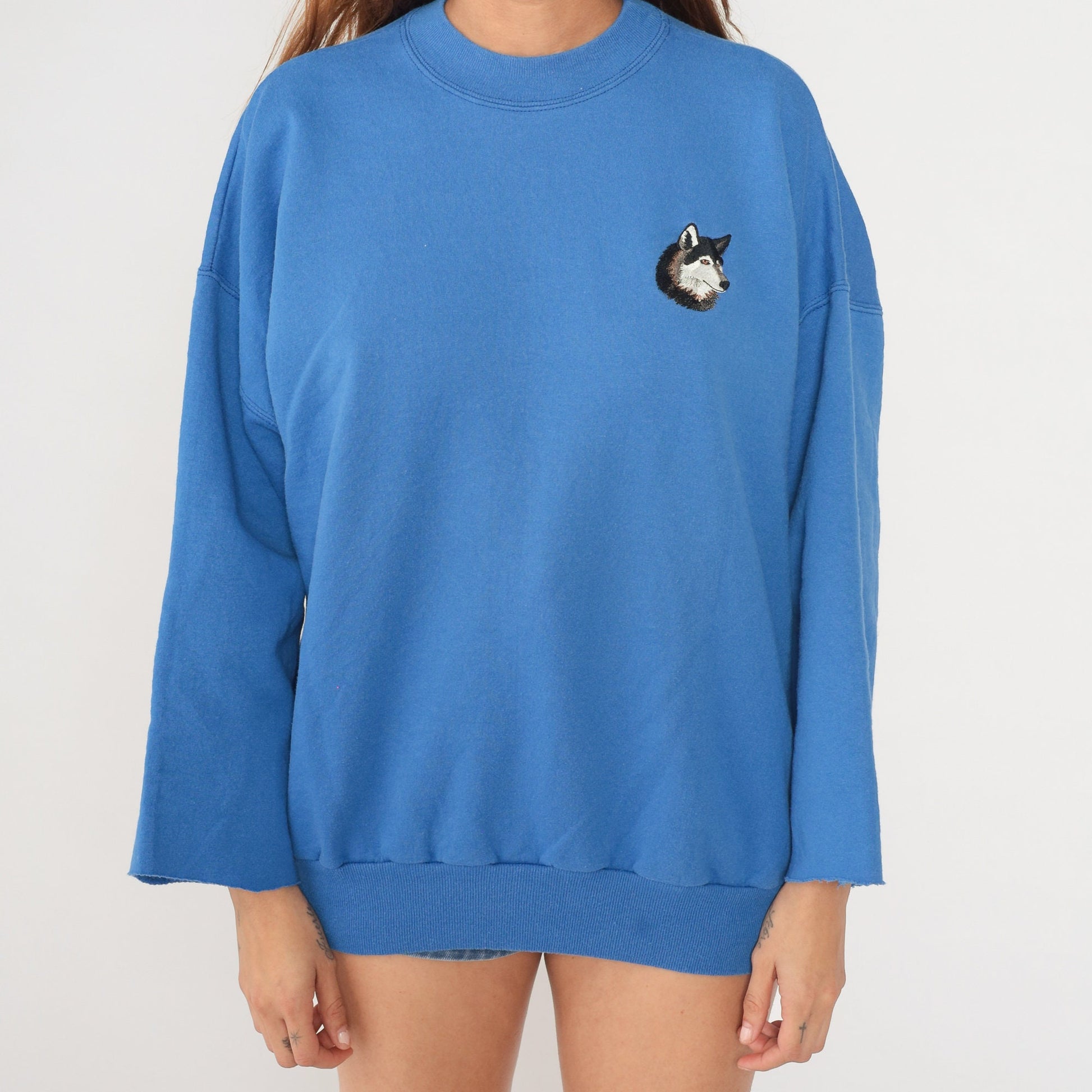 90s Blue Wolf Embroidered Sweatshirt Cutoff Crewneck Plus Size XXL