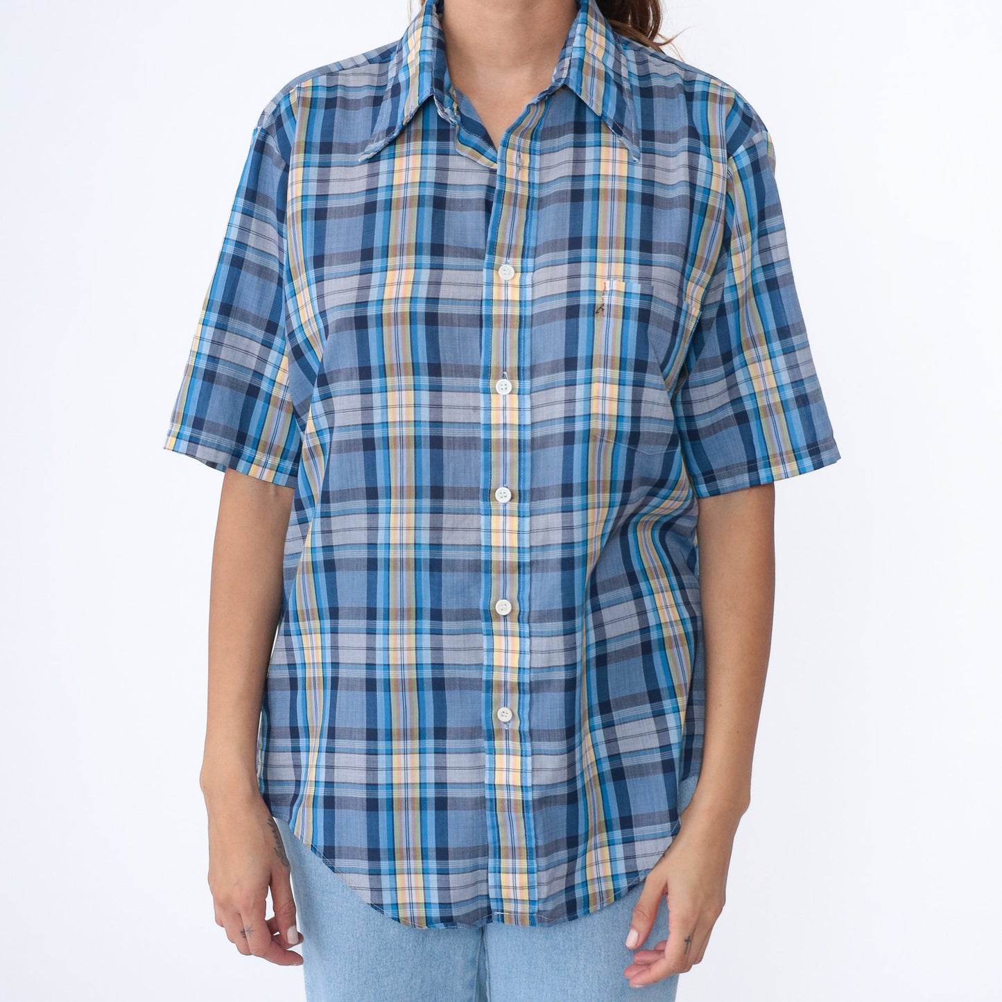 70s Blue Plaid Button-Up Shirt Pointed Collar Short Sleeve Men's Medium