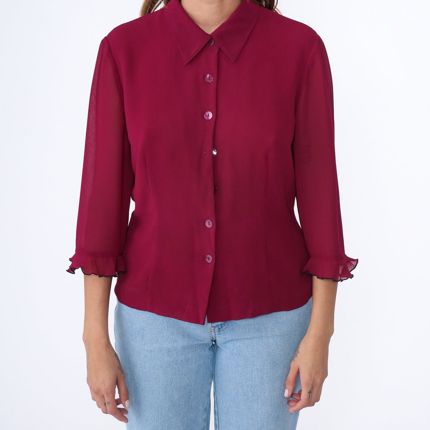 Y2K Raspberry Ruffle Blouse Sheer 3/4 Sleeve Button Up Collared Top Medium