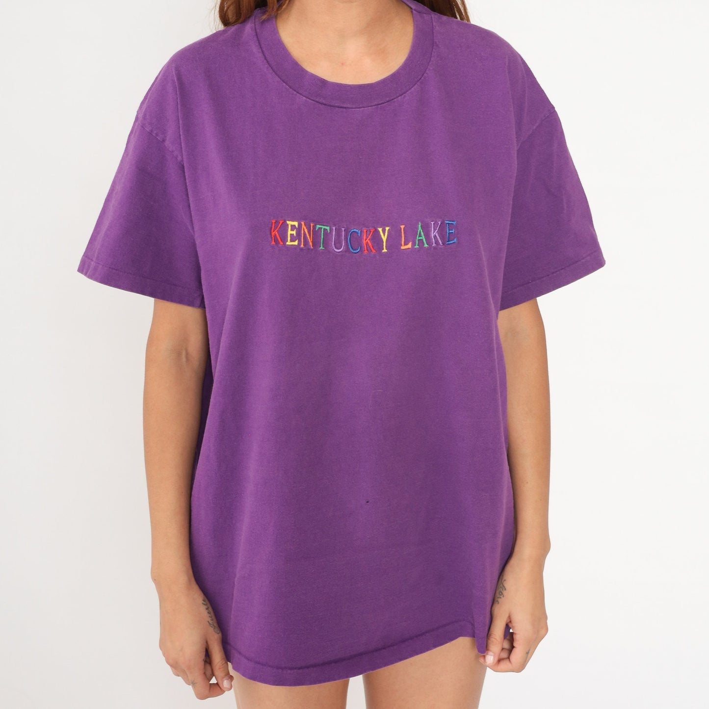 90s Kentucky Lake Purple Rainbow Embroidered T-Shirt Tourist Tee Extra Large XL