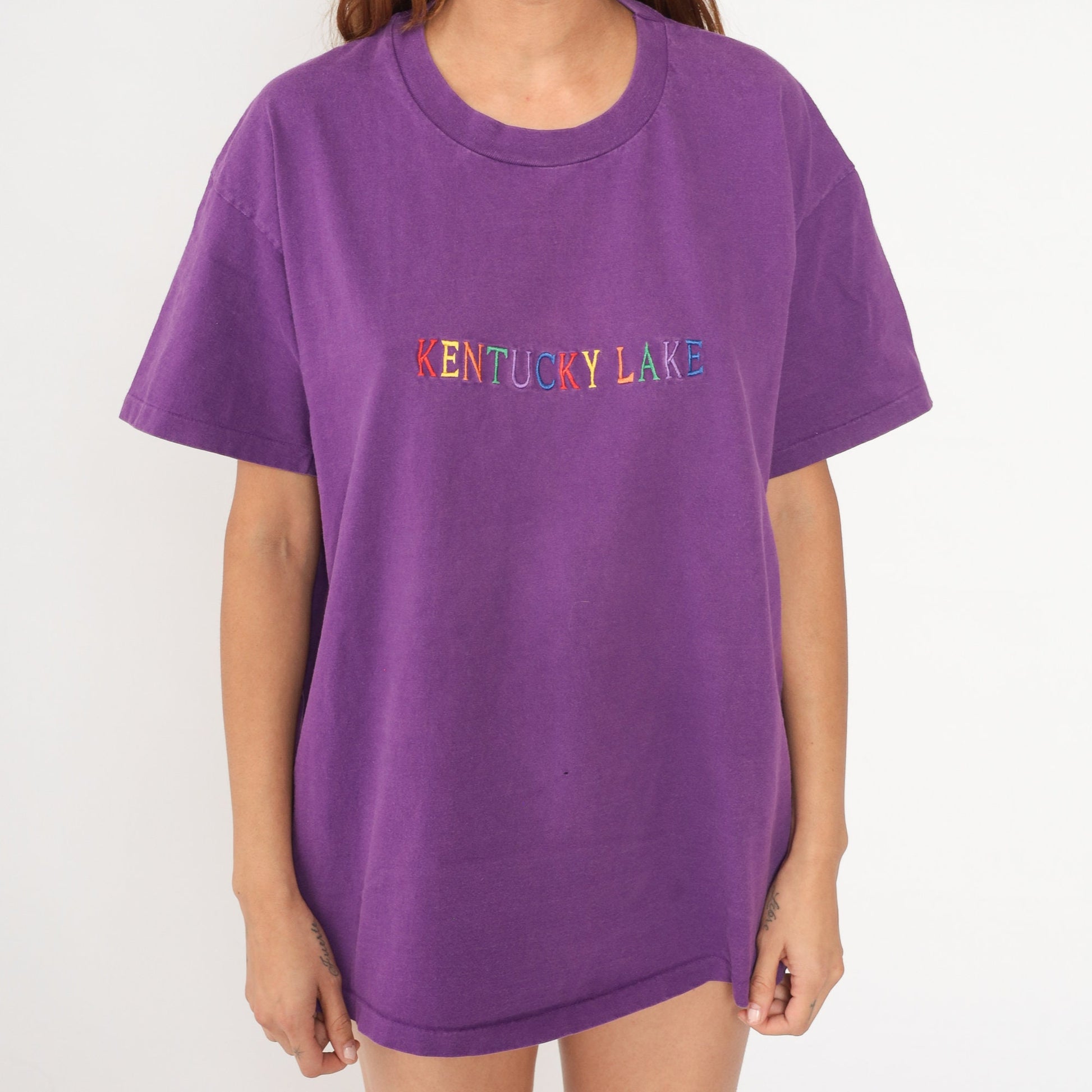 90s Kentucky Lake Purple Rainbow Embroidered T-Shirt Tourist Tee Extra Large XL