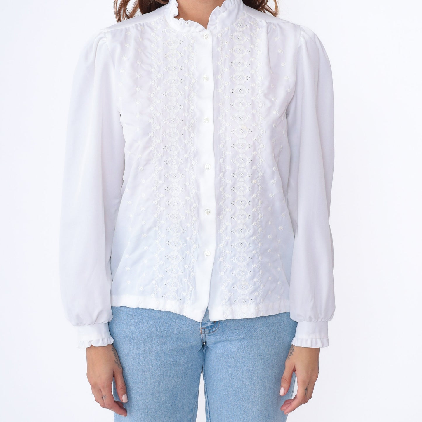80s White Eyelet Blouse Embroidered Puff Sleeve Button Up Medium