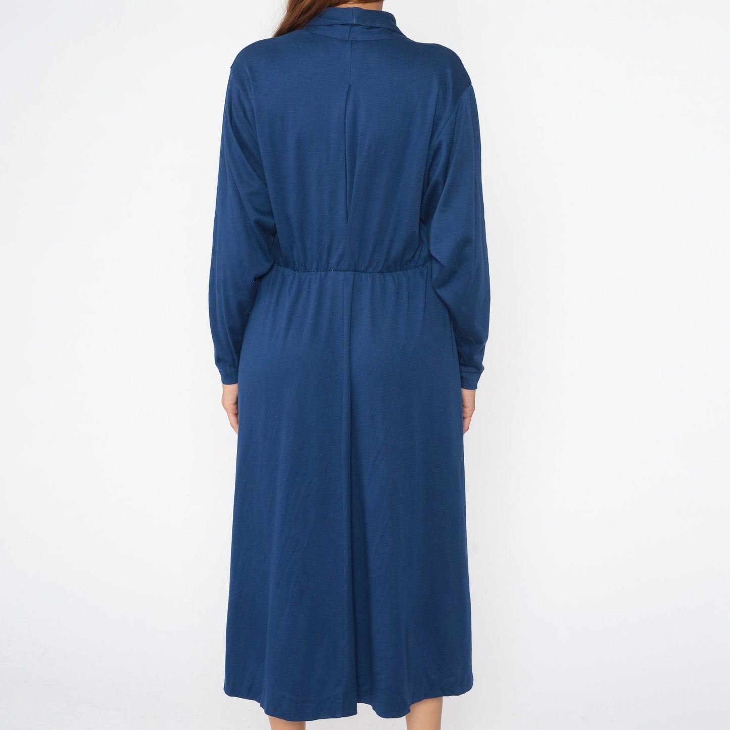 70s Dark Blue Wrap Midi Dress High Waist Surplice Long Sleeve Large 12