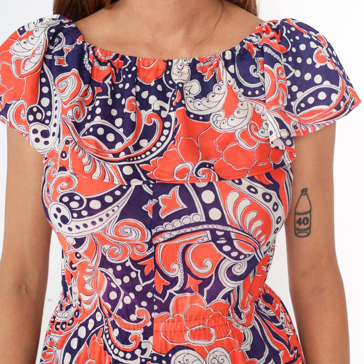 70s Psychedelic Paisley Midi Dress Off-Shoulder High Waist Purple Orange Small