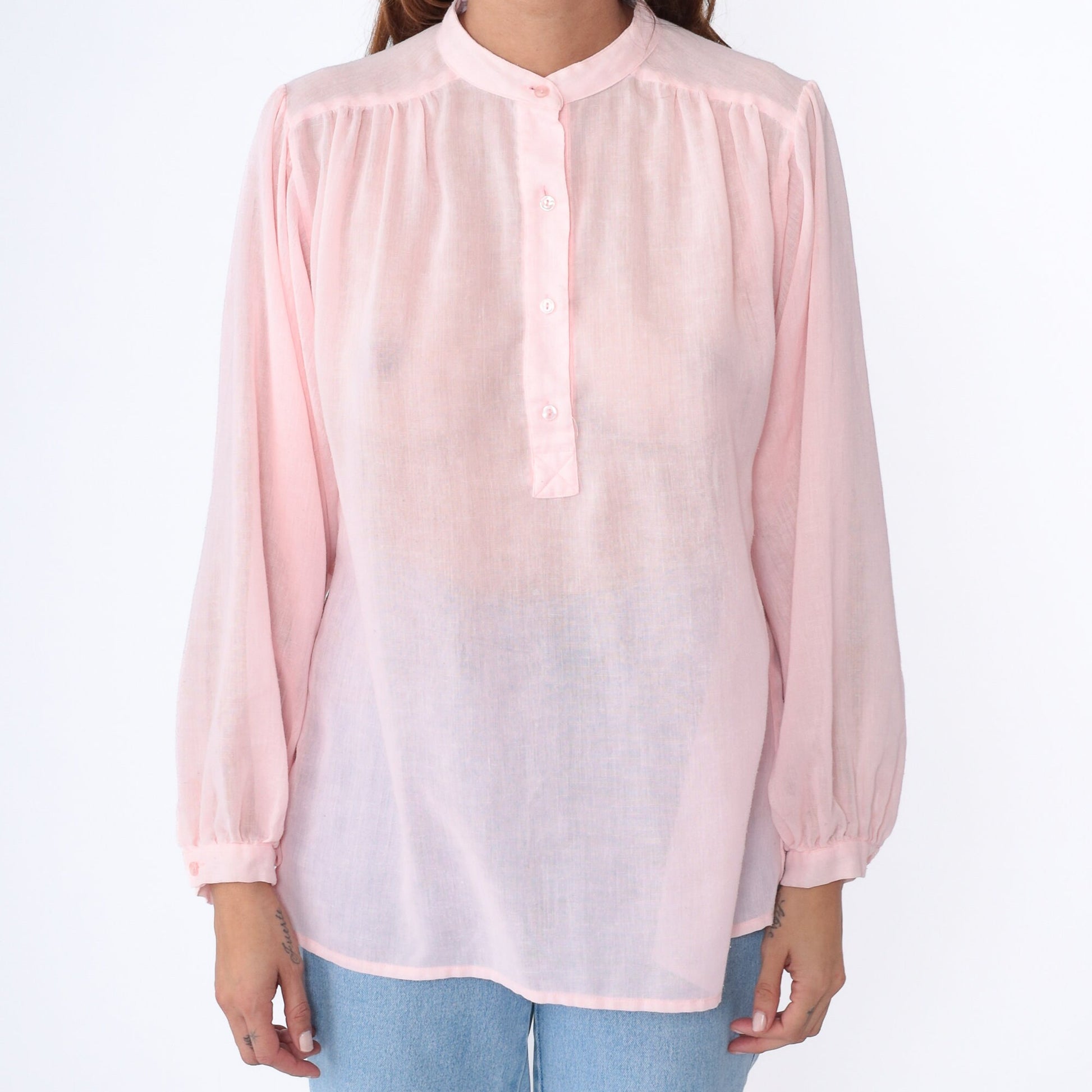 80s Sheer White Blouse Puff Sleeve Collared Button-Up Medium