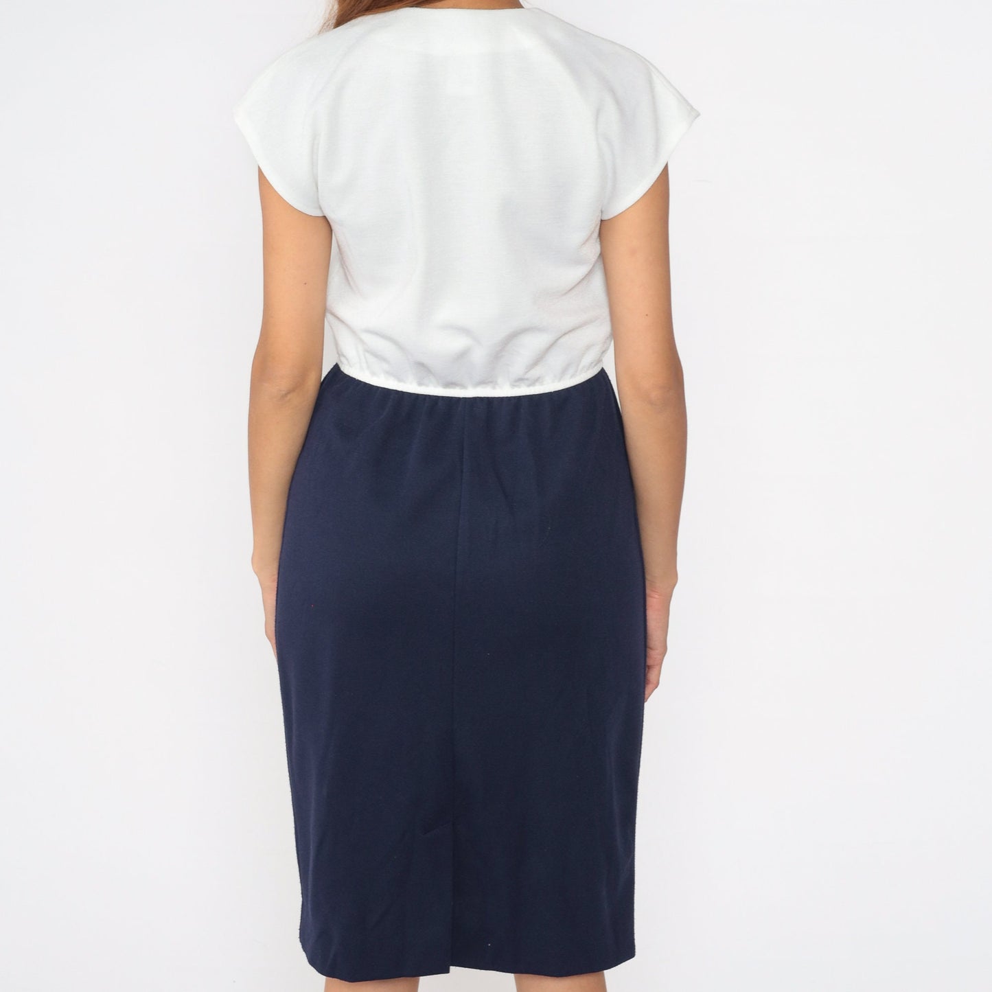 80s Leslie Fay Navy White Button-Up Midi Dress Cap Sleeve Small