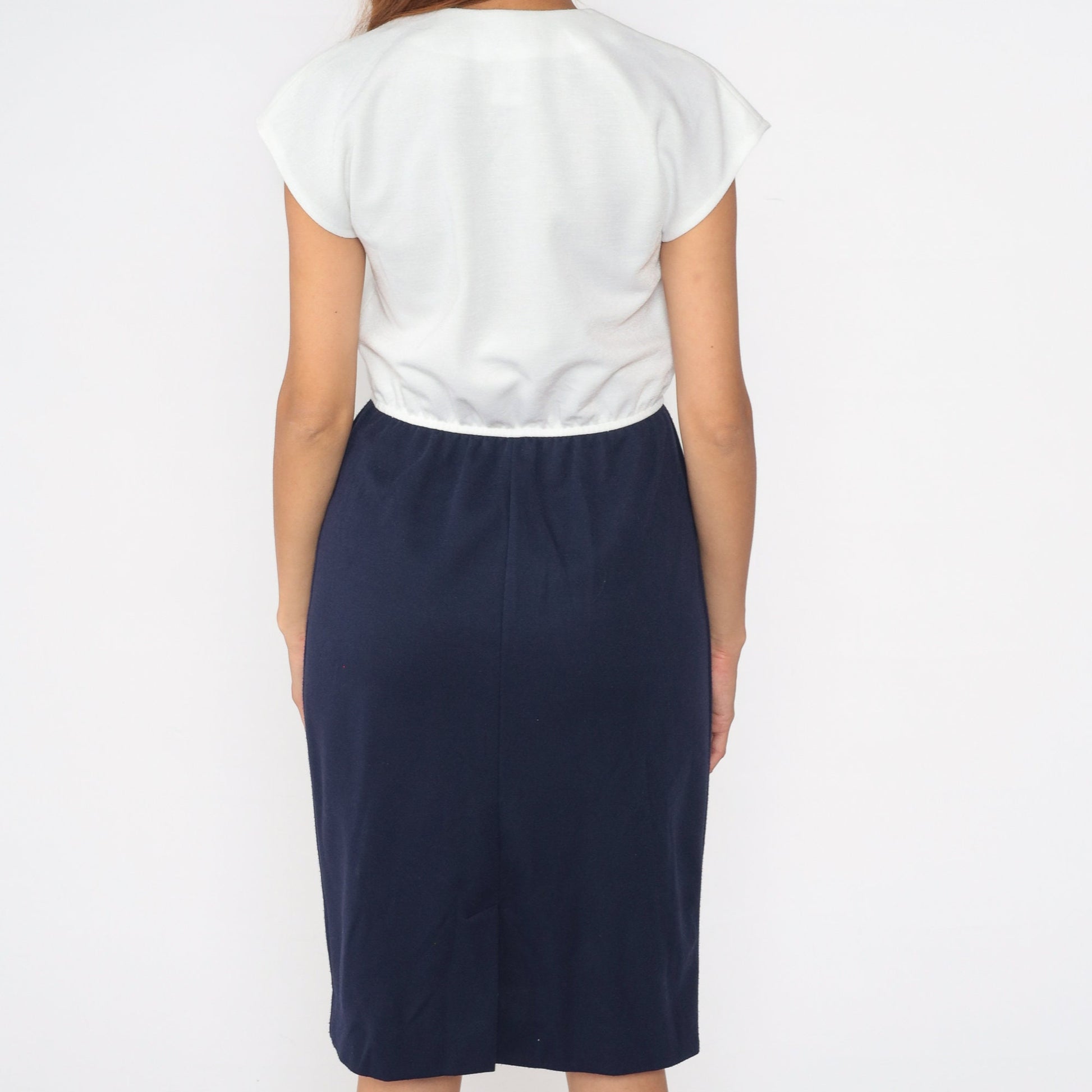 80s Leslie Fay Navy White Button-Up Midi Dress Cap Sleeve Small