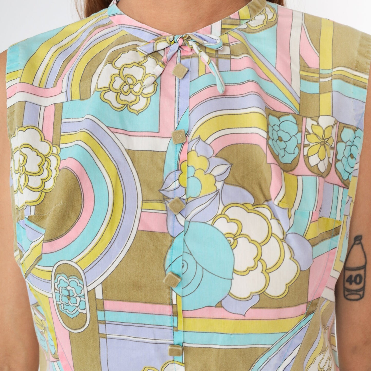 60s Psychedelic Floral Midi Dress Sleeveless Shift Cotton Medium