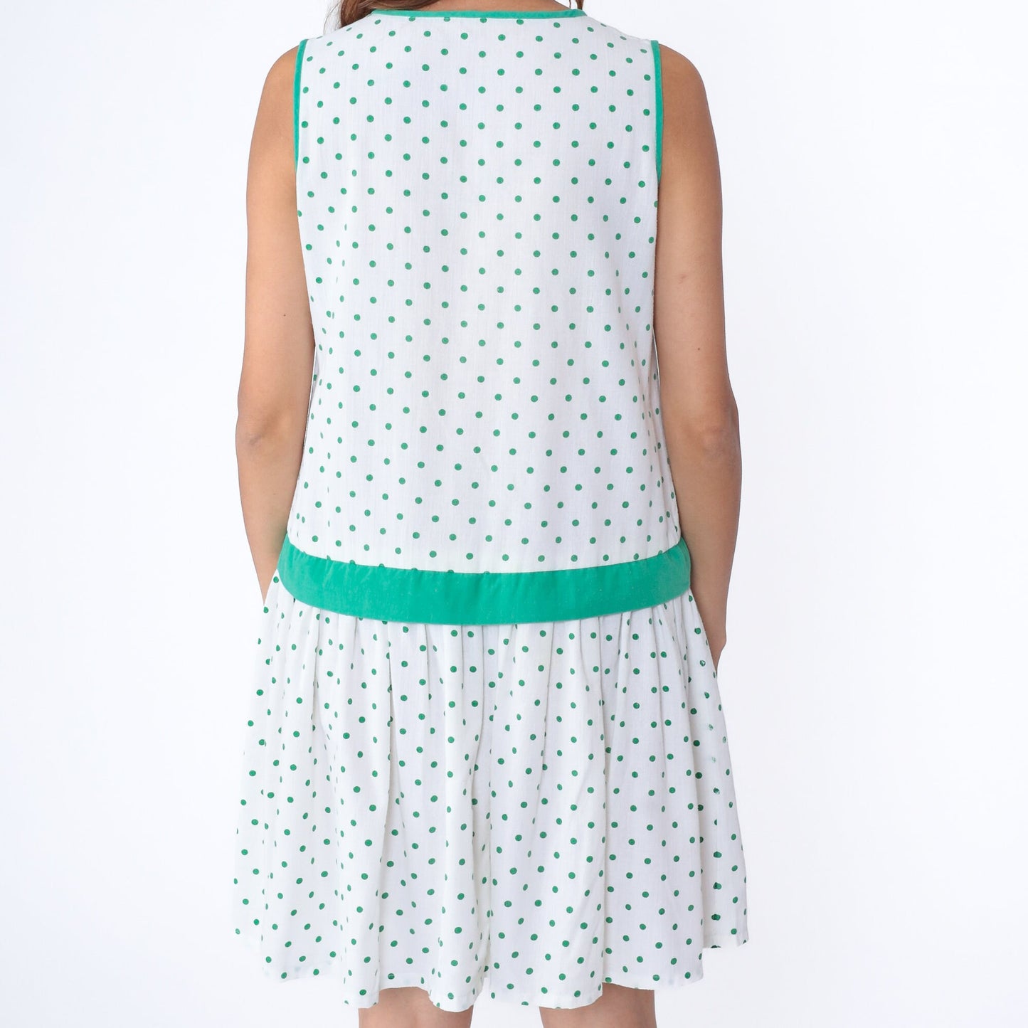 80s White Green Polka Dot Drop Waist Mini Dress V Neck Bow Small