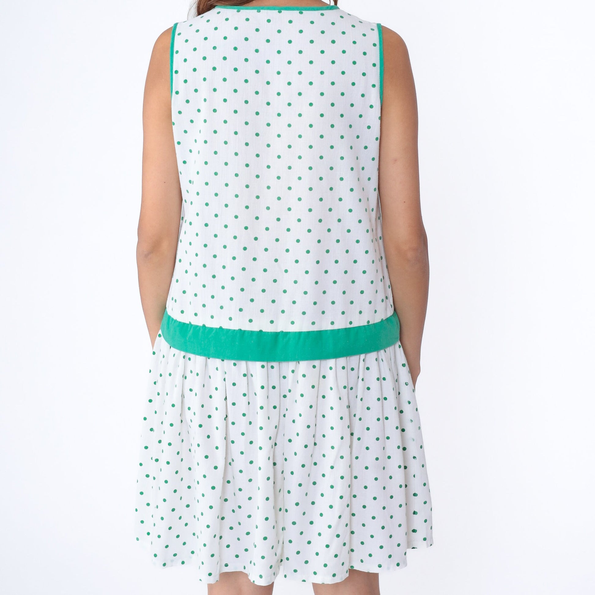 80s White Green Polka Dot Drop Waist Mini Dress V Neck Bow Small