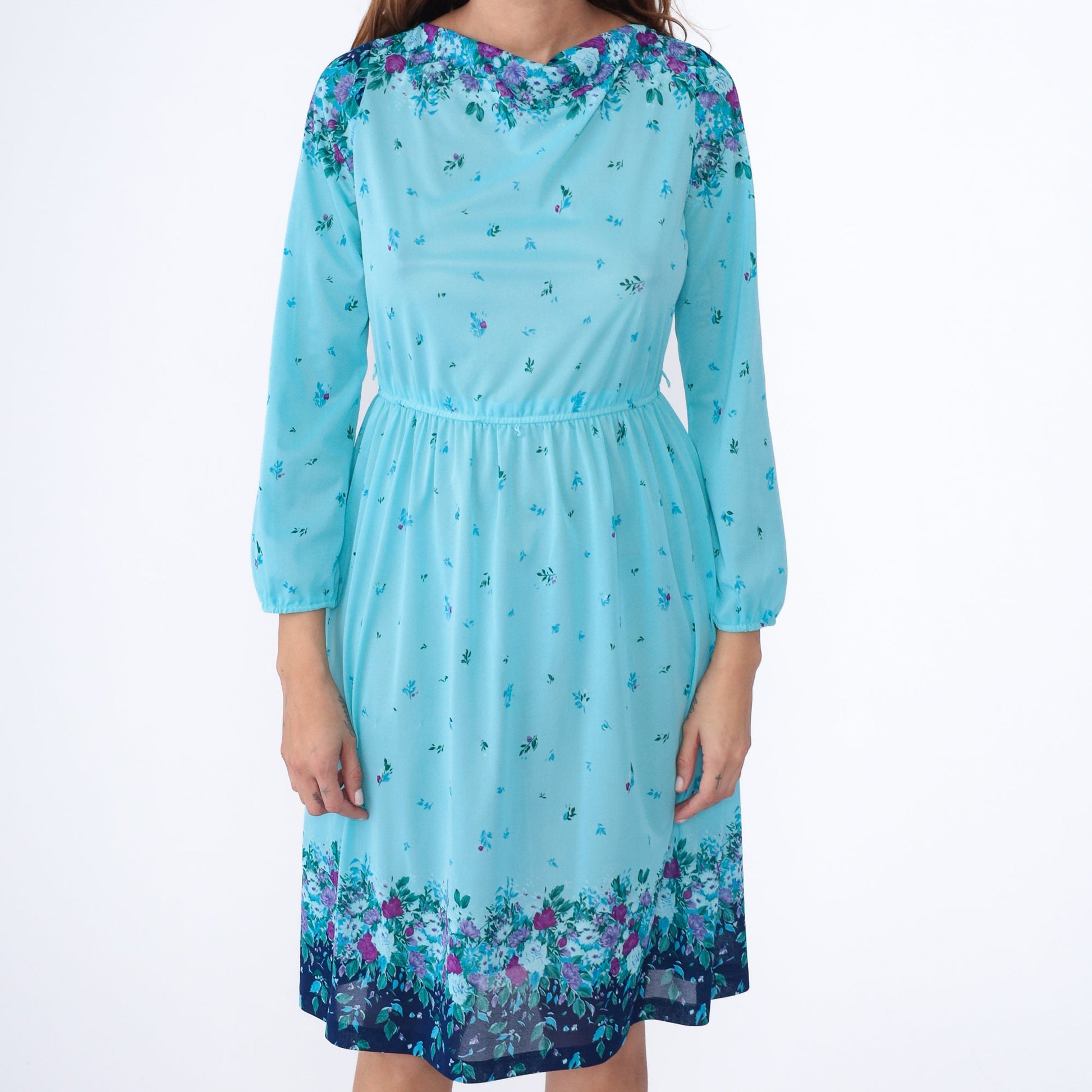70s Blue Floral Midi Dress Cowl Neck High Waist Long Sleeve Small