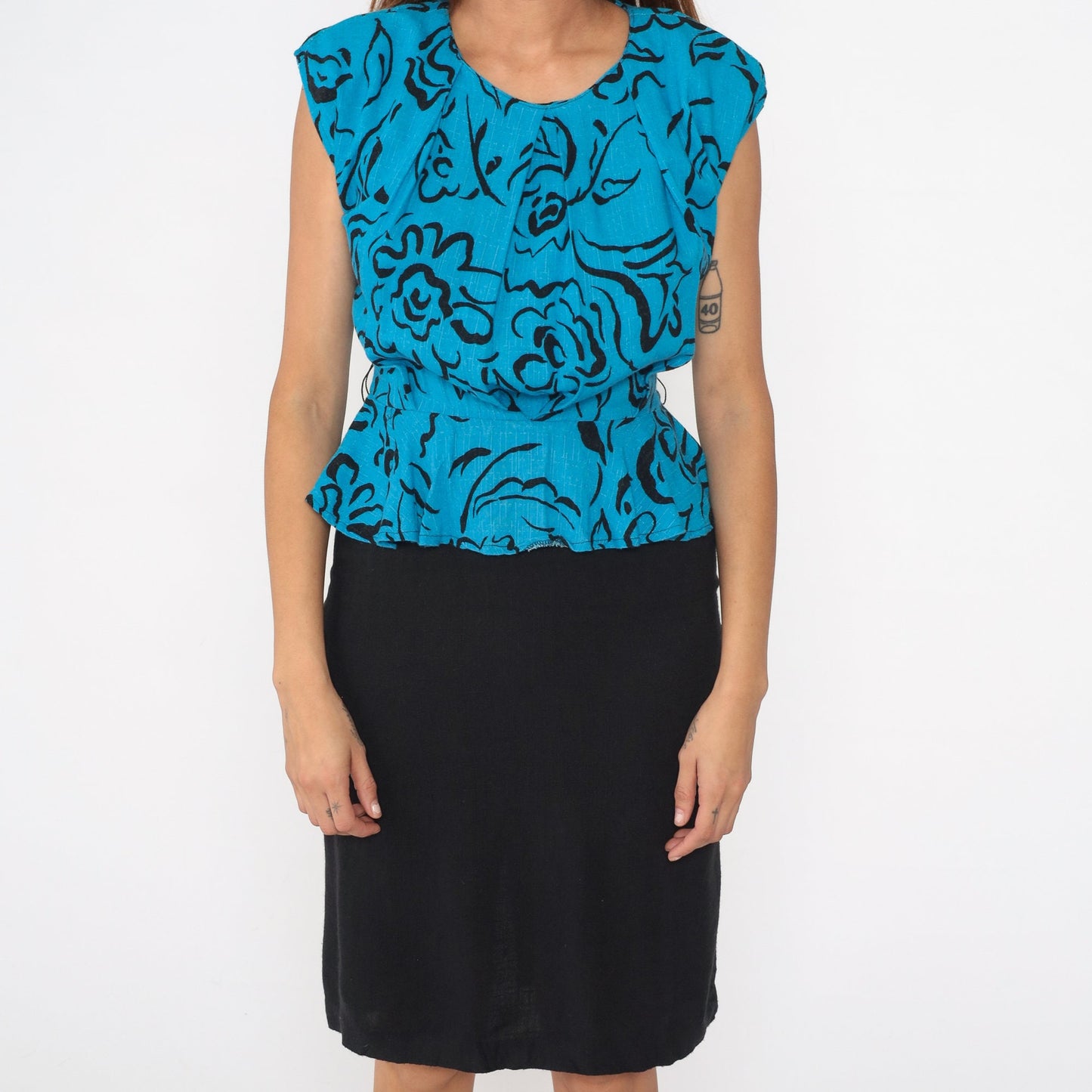 80s Floral Peplum Dress Blue Abstract Print Black Pencil Midi Small