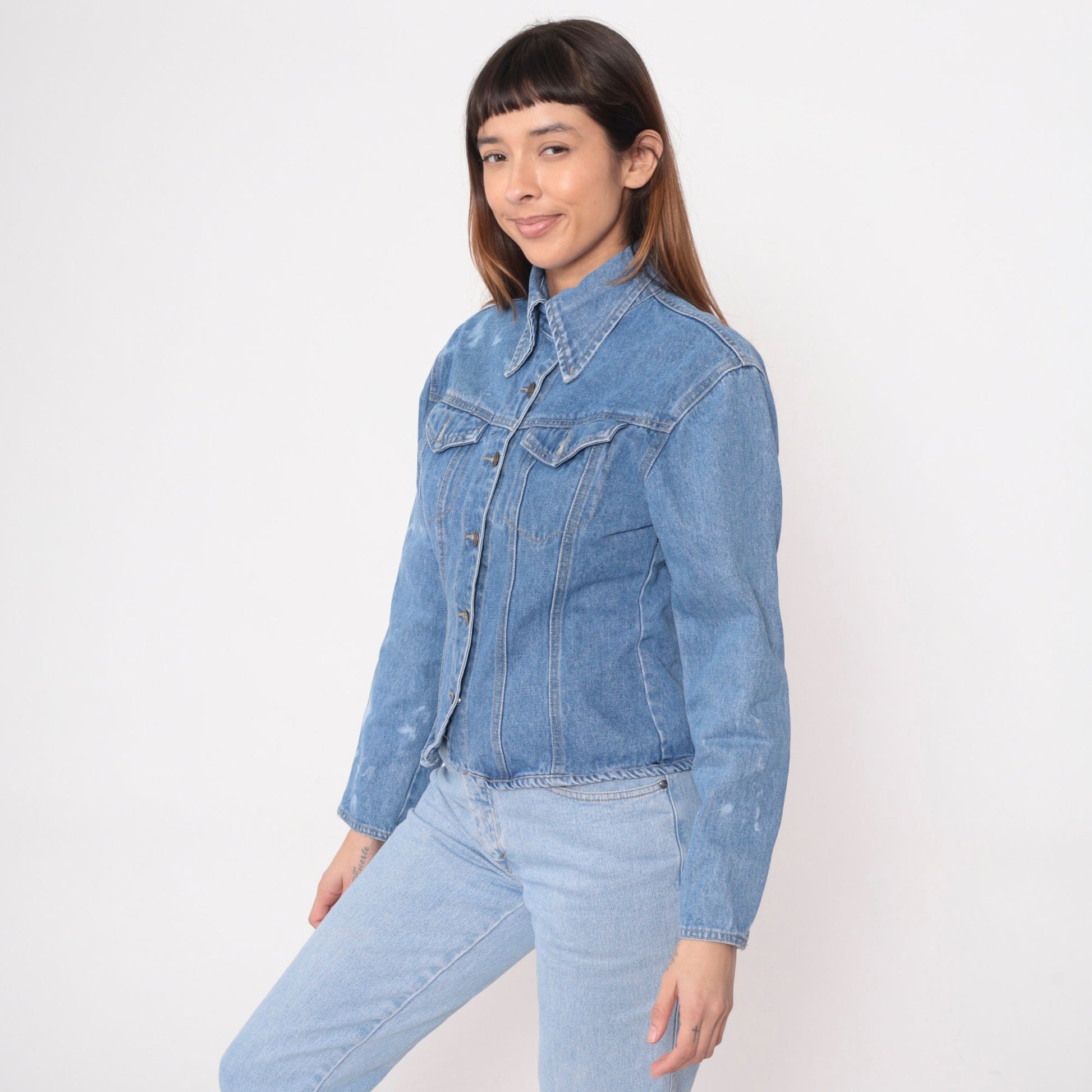 90s Baccini Bleach Splatter Denim Jacket Fitted Blue Stone Wash Small