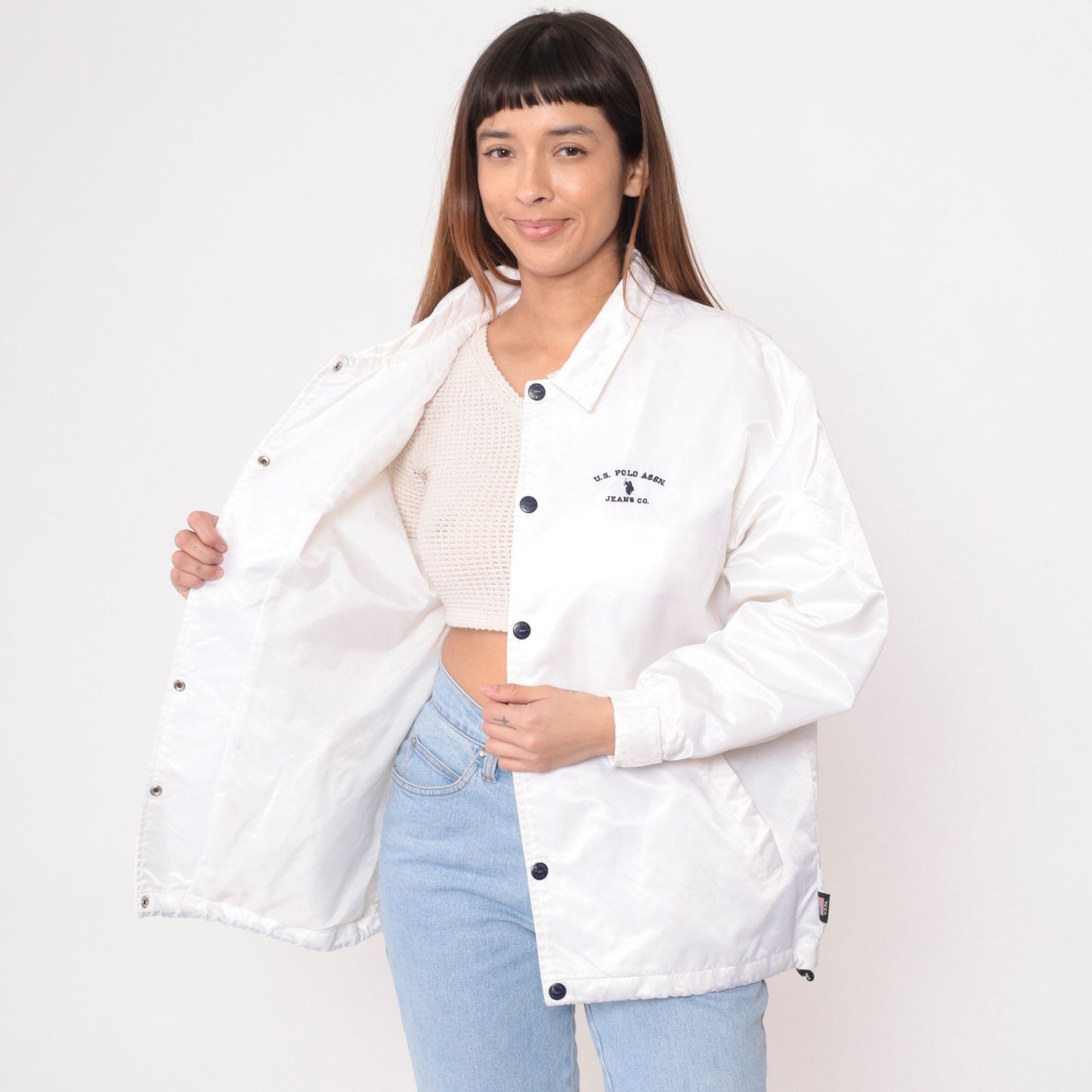 90s U.S. Polo Assn. White Nylon Windbreaker Snap Jacket Extra Large