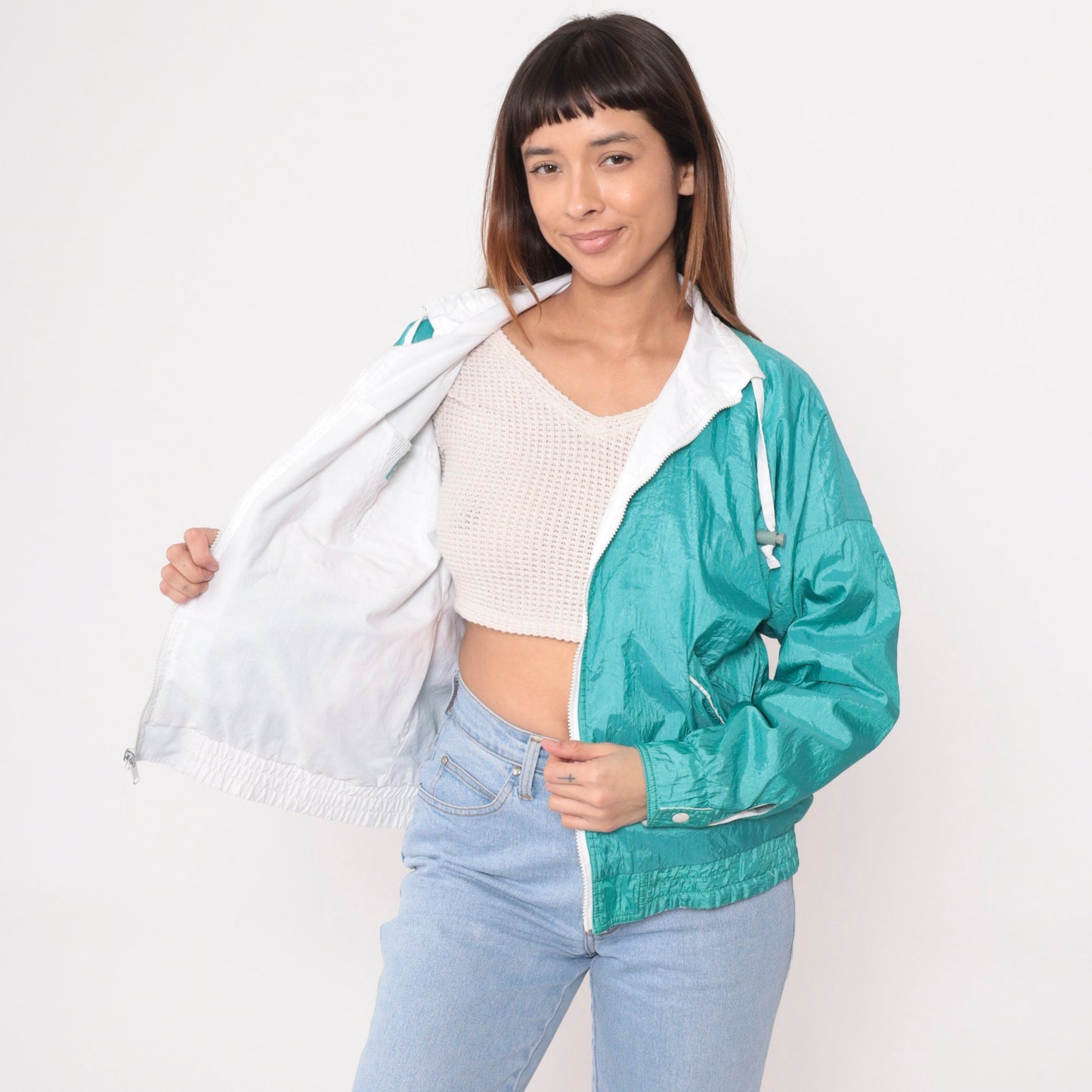 90s Reversible Windbreaker White Turquoise Mesh Trim Jacket Medium