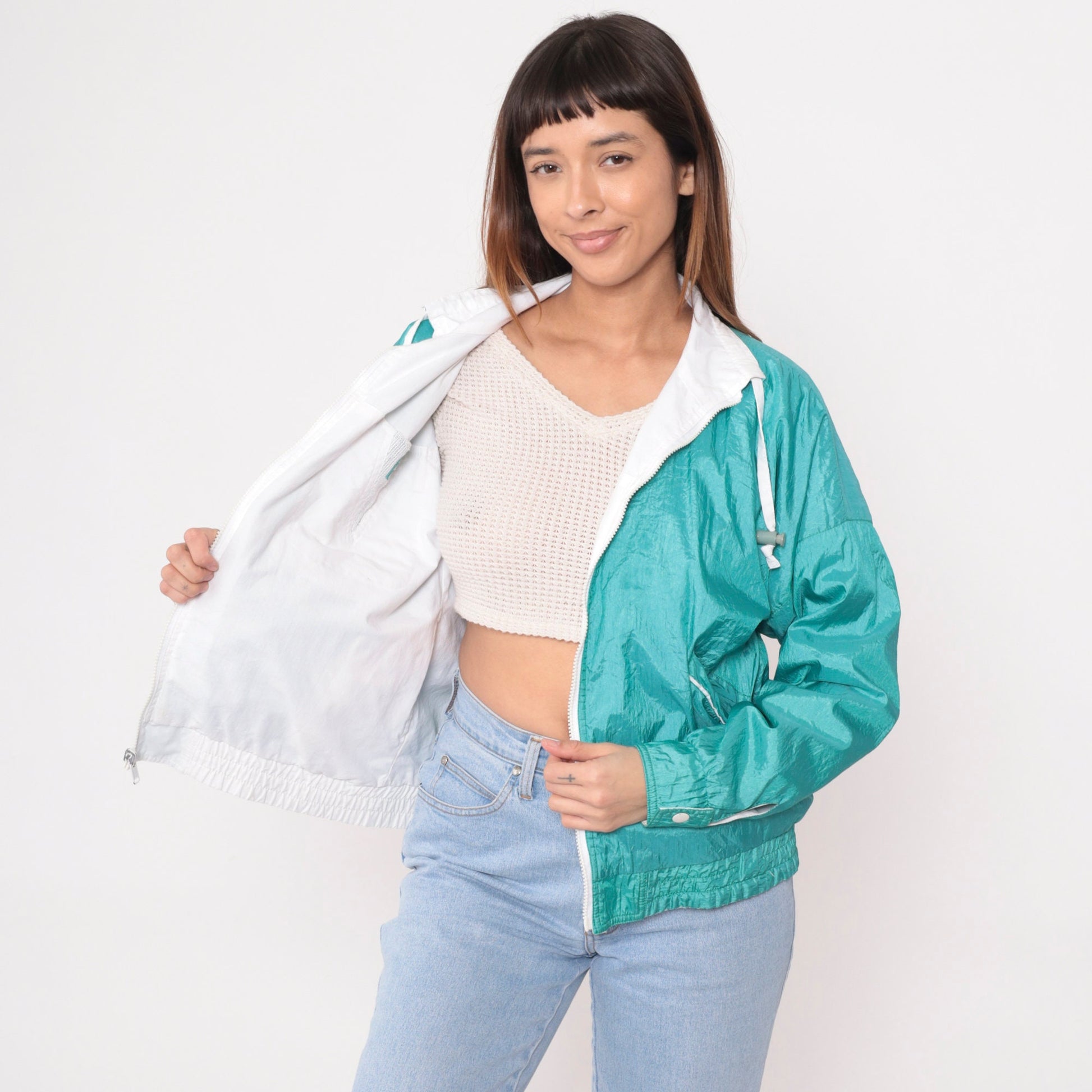 90s Reversible Windbreaker White Turquoise Mesh Trim Jacket Medium