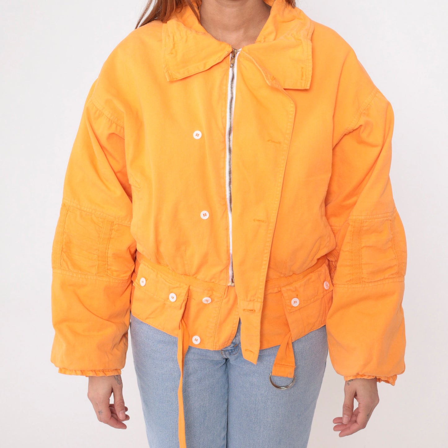 90s Orange Cotton Puffer Jacket Zip Cargo Pockets Small S